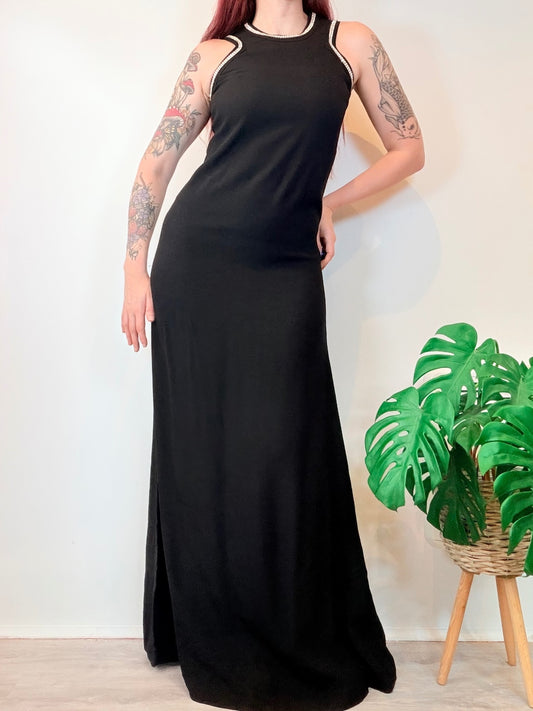 Vintage 1970s Maxi Dress Long Whimsogoth with Diamante Trim Size 10