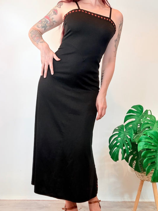 Vintage 1970s Maxi Dress with Red Embroidered Trim and Side Slits Size 8