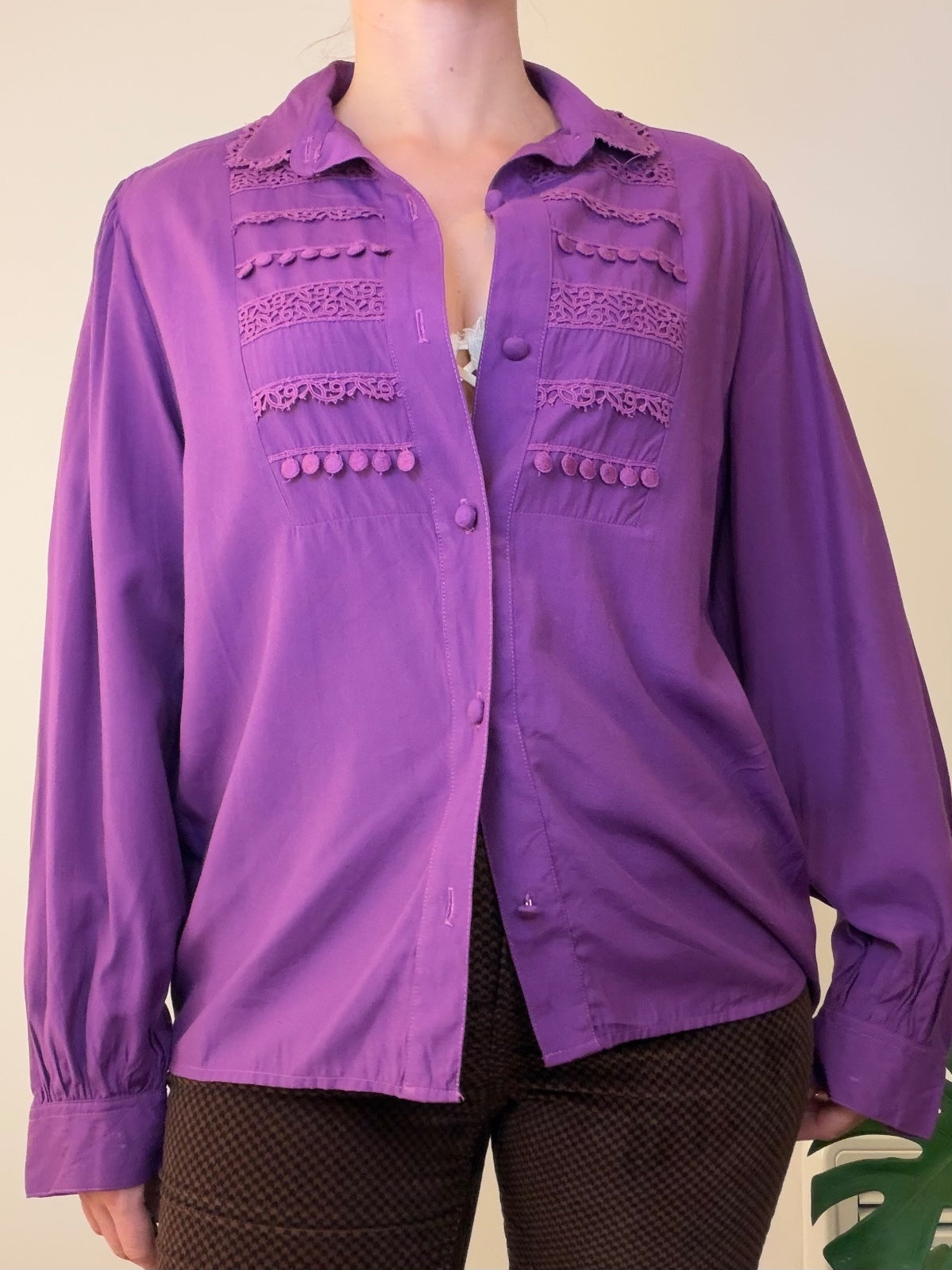 Vintage Long Sleeve oversized Blouse with Lace and Pom Pom Detailing Purple 12