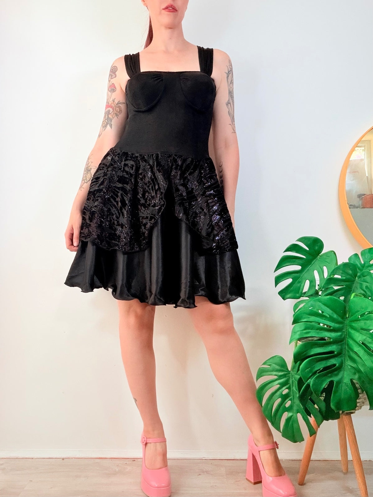 Vintage 1980s Party Dress Black Velvet & Satin Babydoll Moulded Cup Bust Size 12