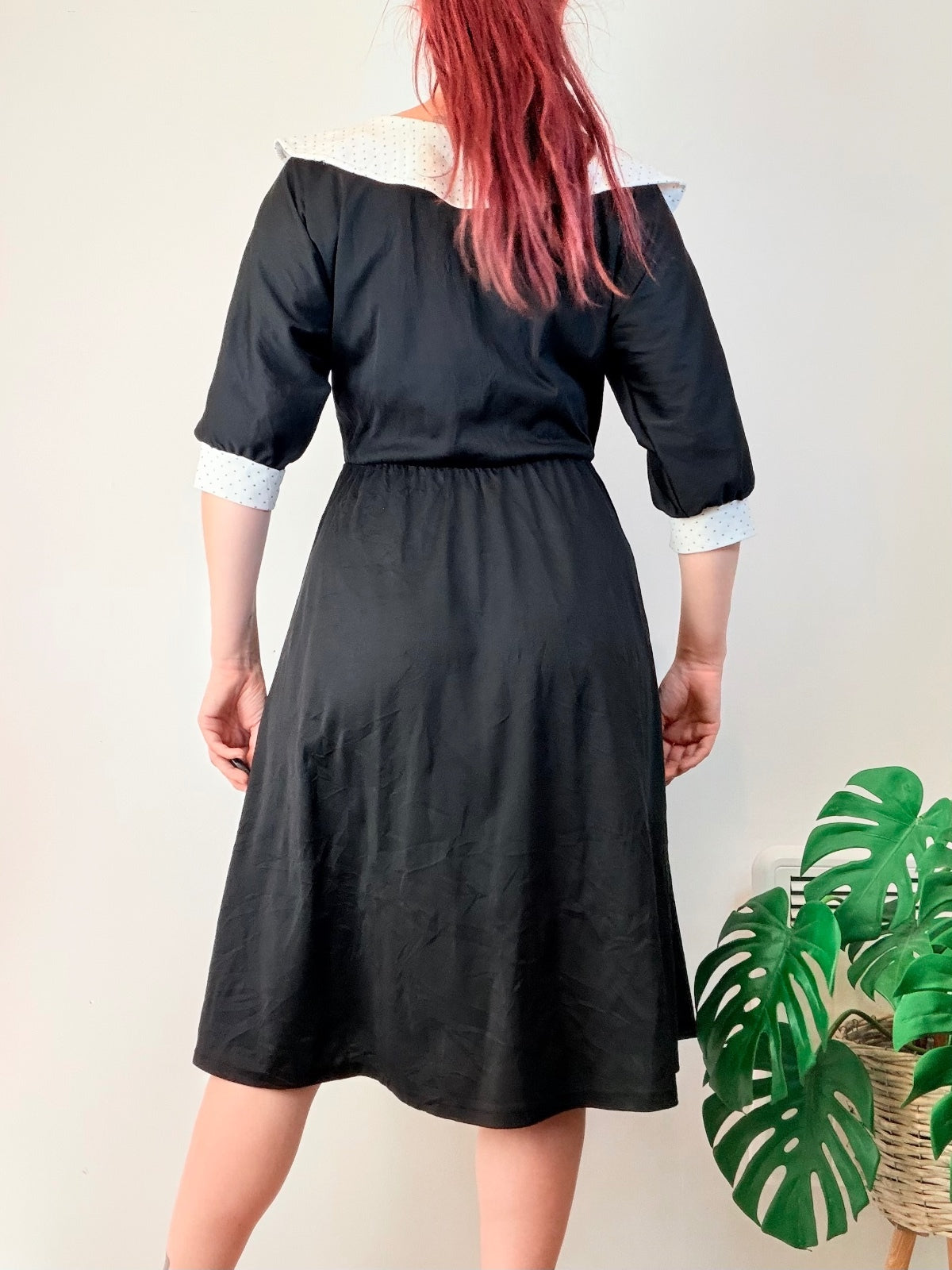 Vintage 1980s Black Dress Midi 3/4 Sleeves Polka Dot Collar and Cuffs Size 12