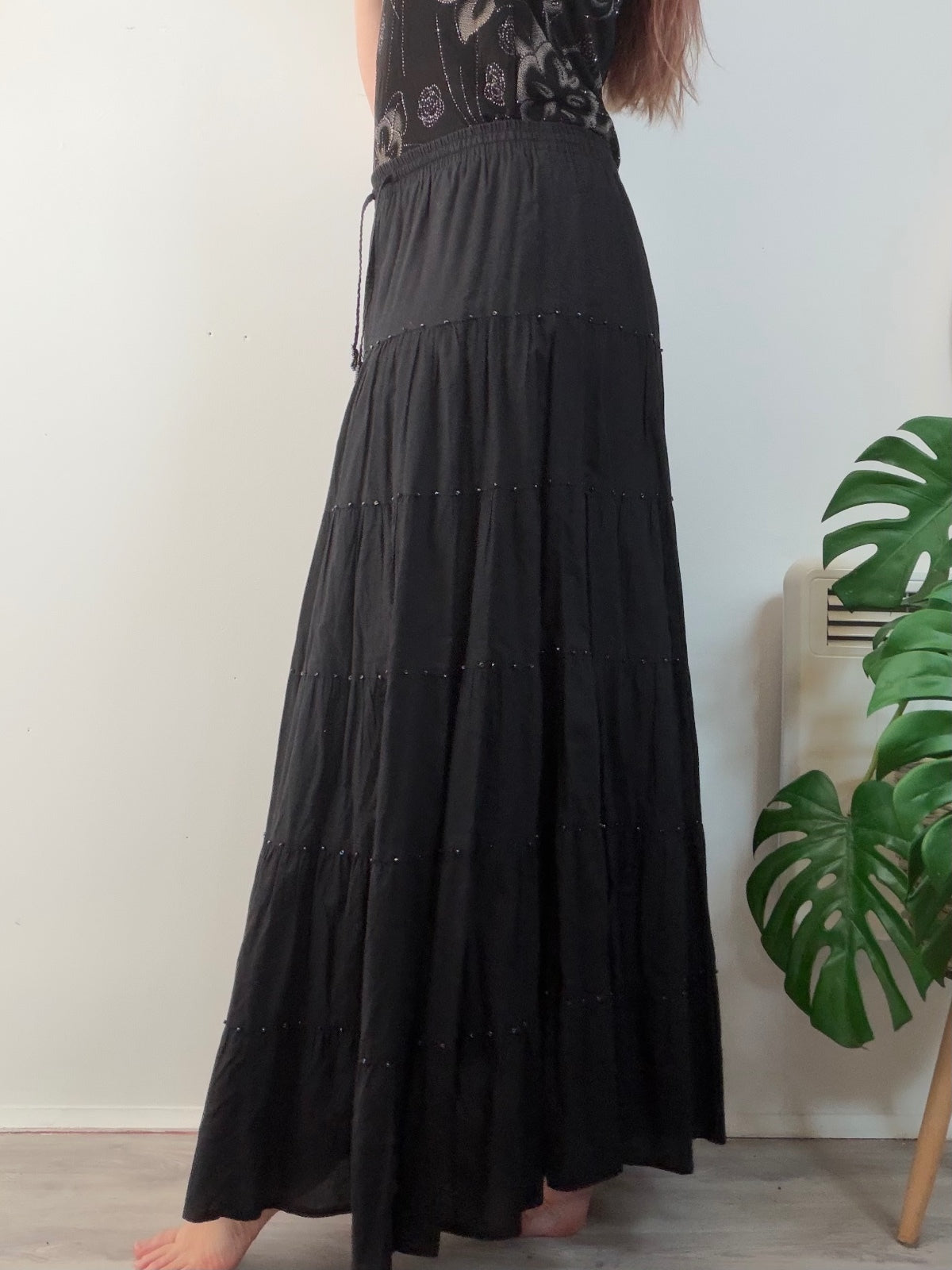 Hippie Boho Maxi Skirt with Beaded Detail Whimsigoth festival long tiered 12