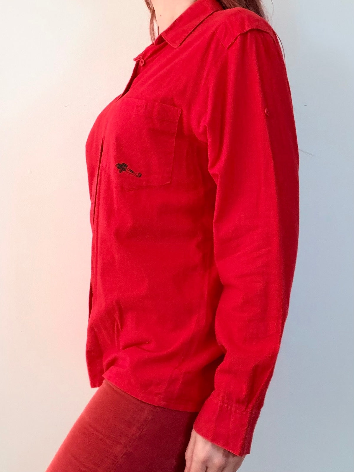 Red Long Sleeve Shirt 100% Cotton with Embroidered Plane Pocket Size 12 to 14