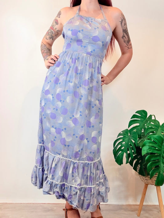 Vintage 1970s Cottagecore Dress Lilac Halter Neck Maxi with Ruffle Hem Size 6