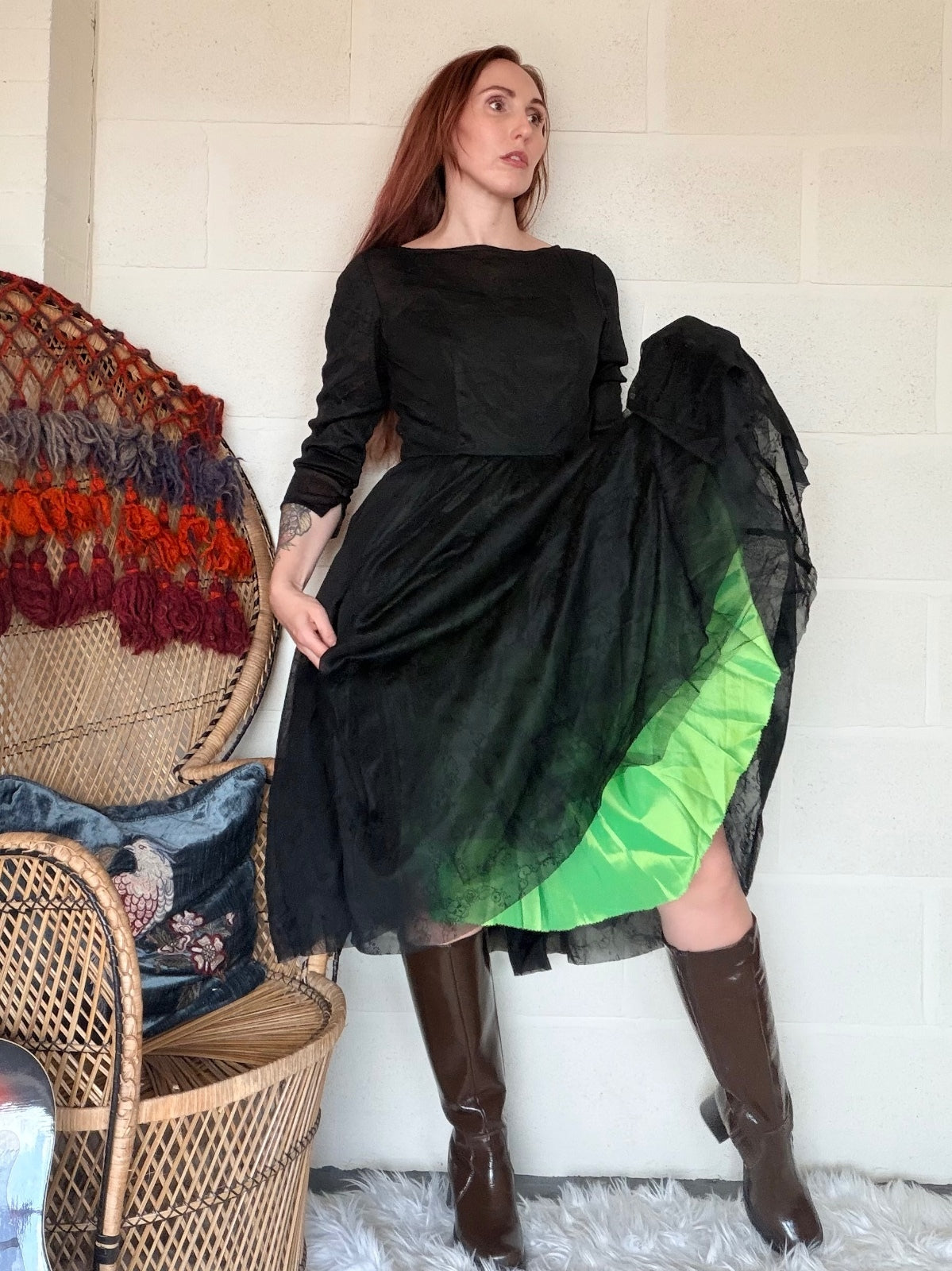 Vintage 1980s Party Dress Black Long Sleeve Midi Dress with Green Lining Size 10