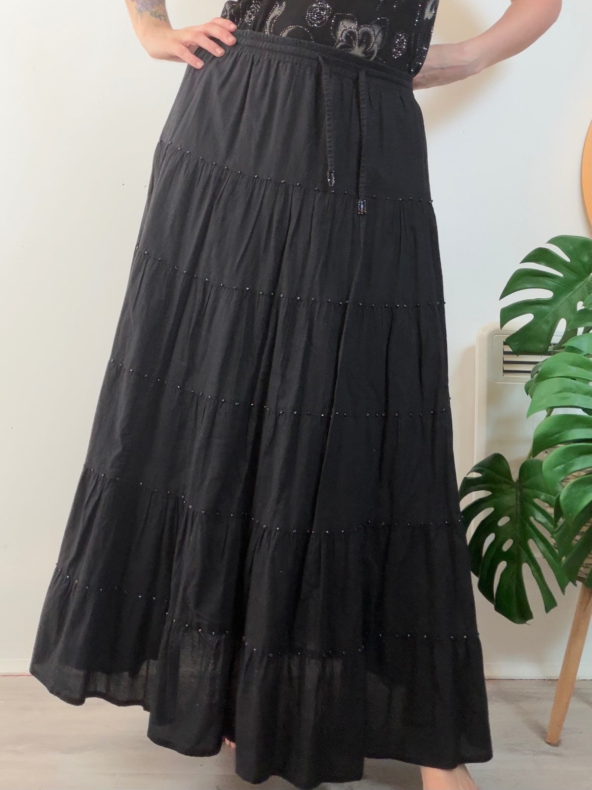 Hippie Boho Maxi Skirt with Beaded Detail Whimsigoth festival long tiered 12