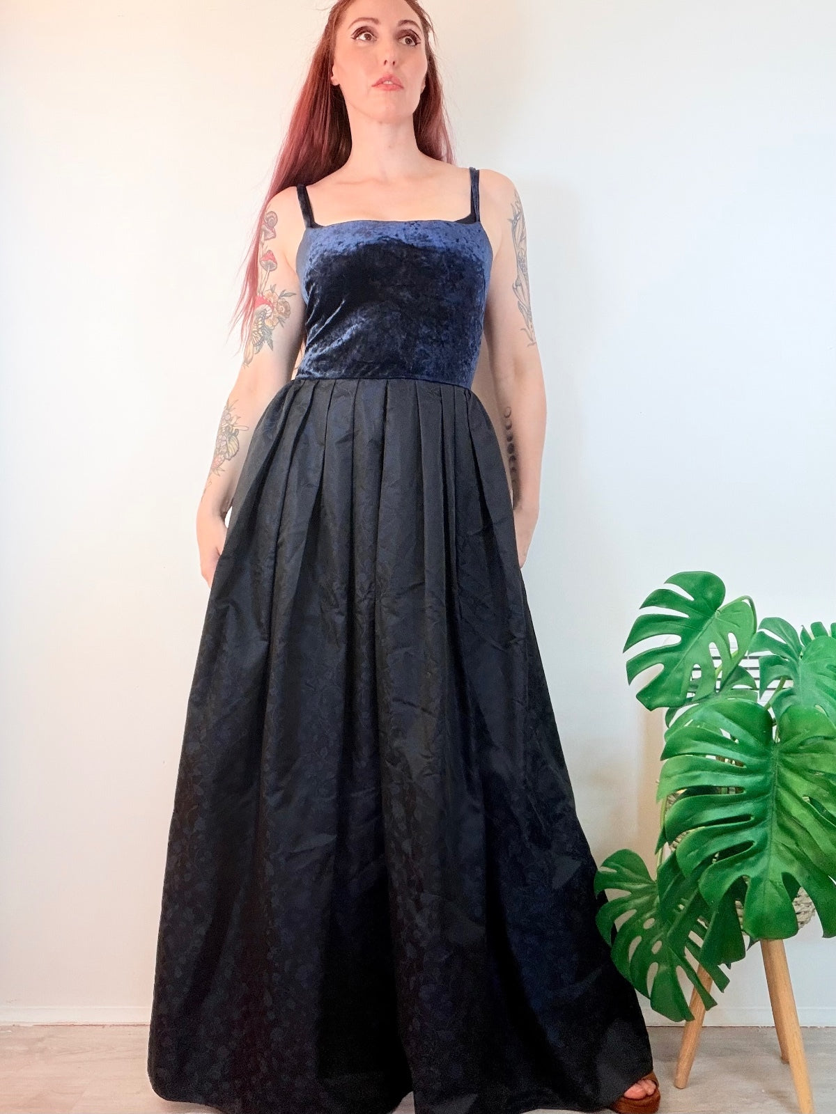 Vintage 1990s Cocktail Dress Velvet and Jacquard Maxi with Pleated Skirt Size 12