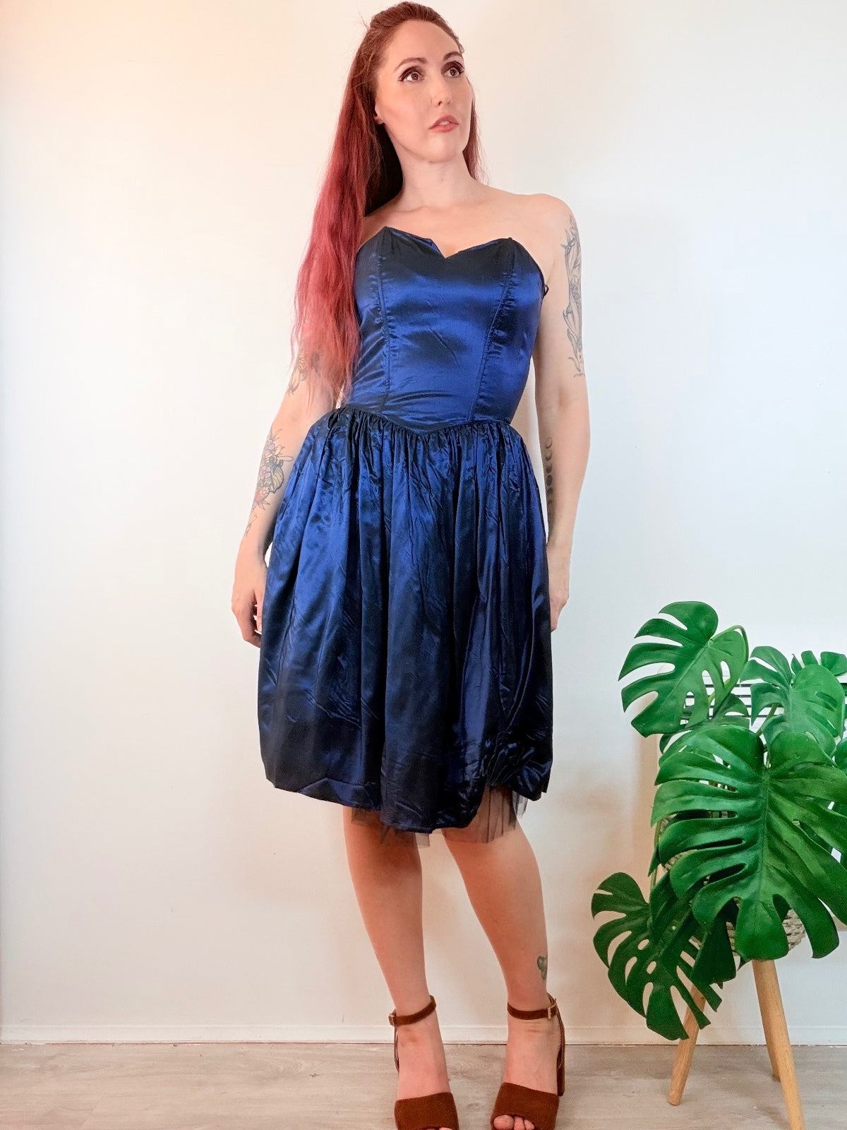 Vintage 1980s Party Dress Navy Blue Satin Like Strapless Prom Dress Size 10
