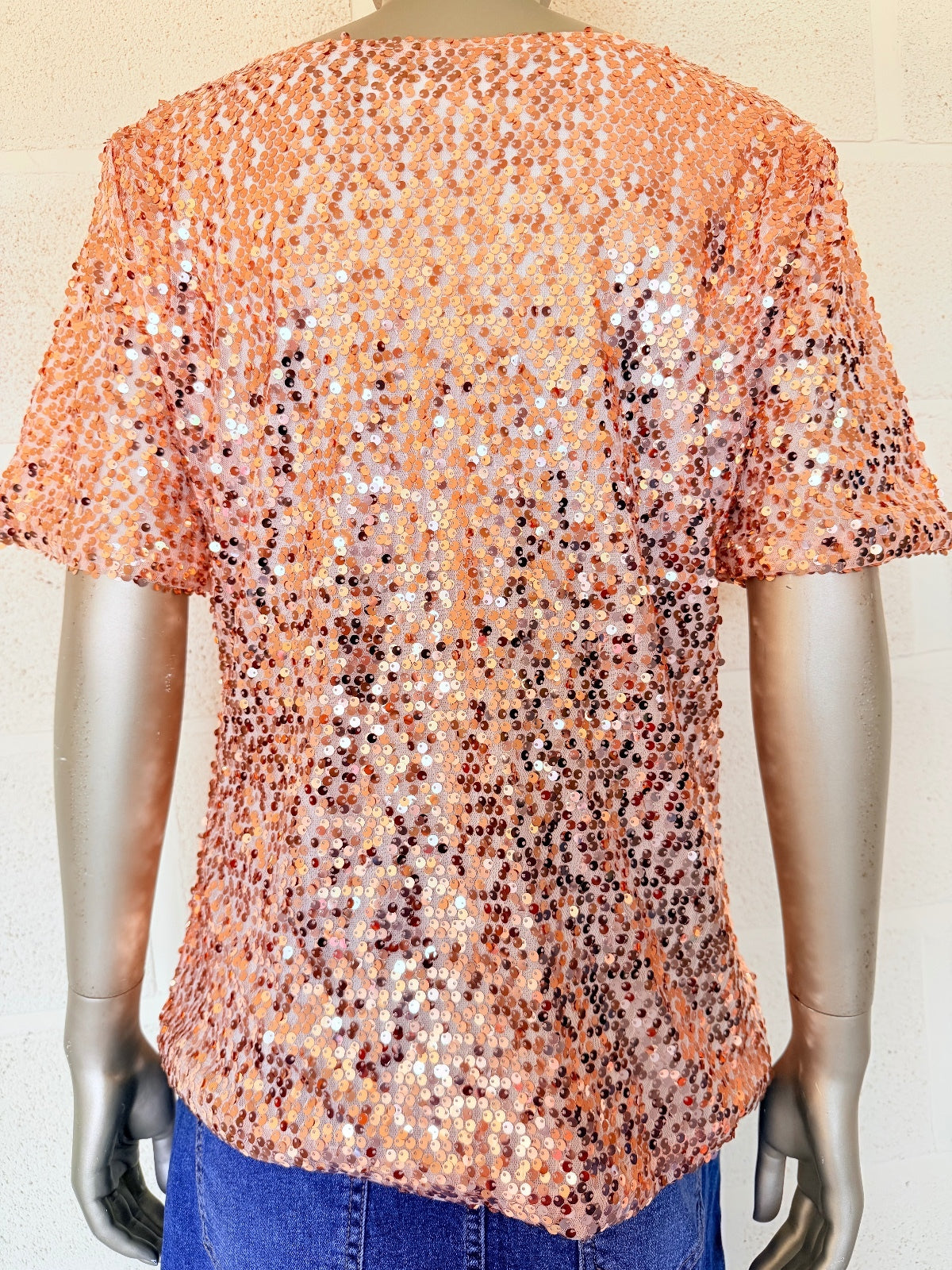 Gold Sequin Top Embellished Short Sleeve Party Festival T shirt Size 14 to 16