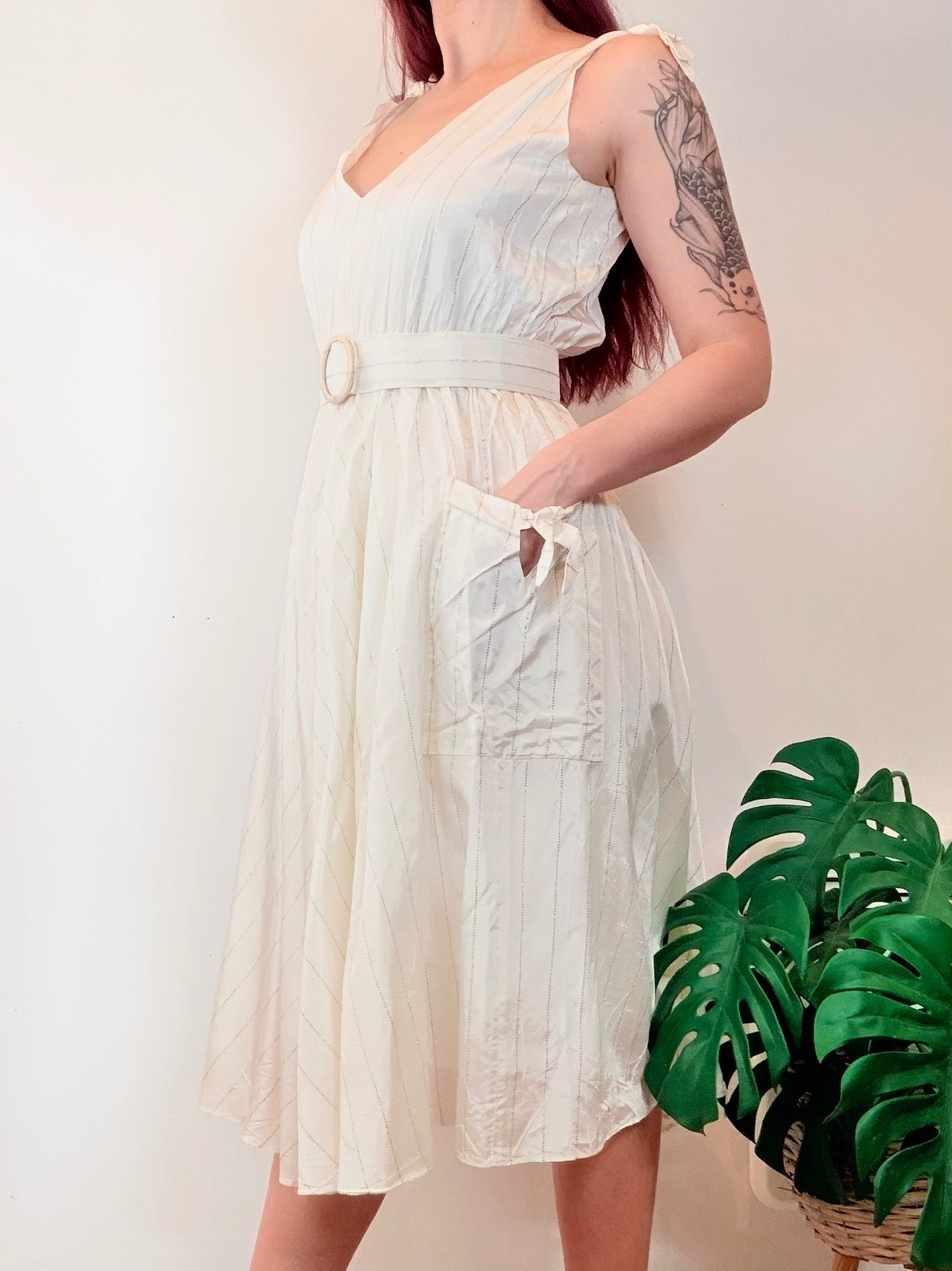 Vintage 1980s Midi Dress Cream with Belted Waist and Pockets Size 12