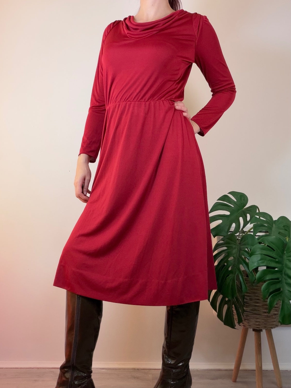 Vintage Red Midi Dress with Long Sleeves and Draped Neckline size 16