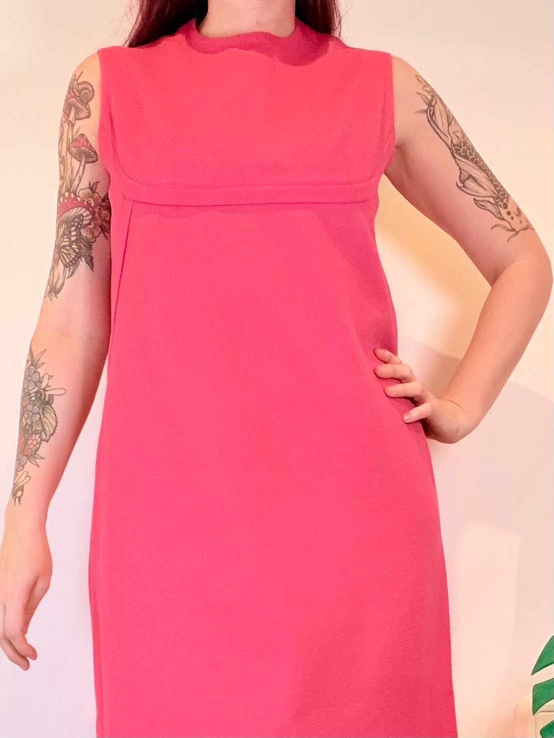 Vintage 1960s Shift Dress Sleeveless Pink Midi Dress with High Neck Size 14