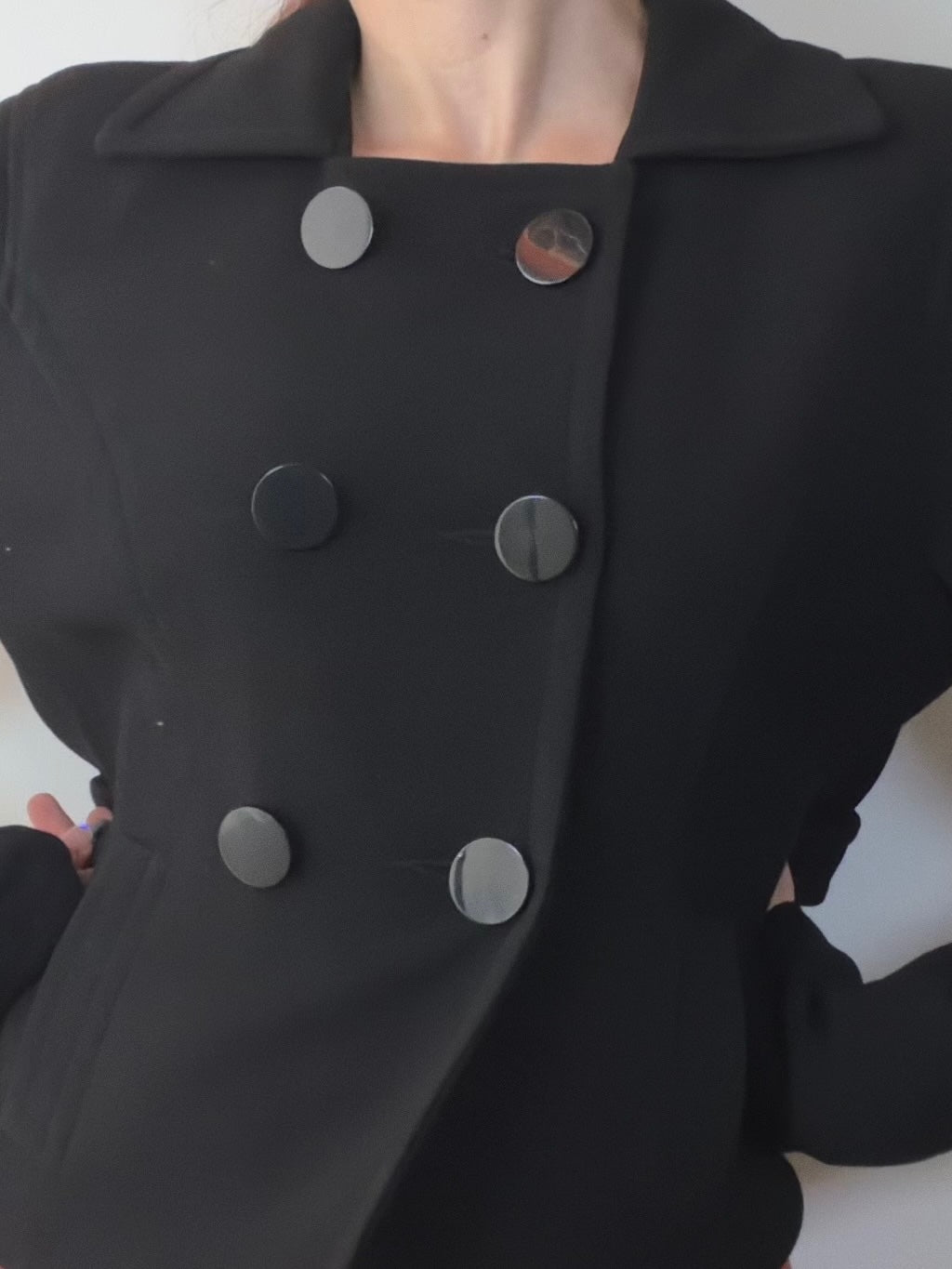 Black Cropped Coat Double Breasted Jacket Retro 60s Style Button Detail Size 16