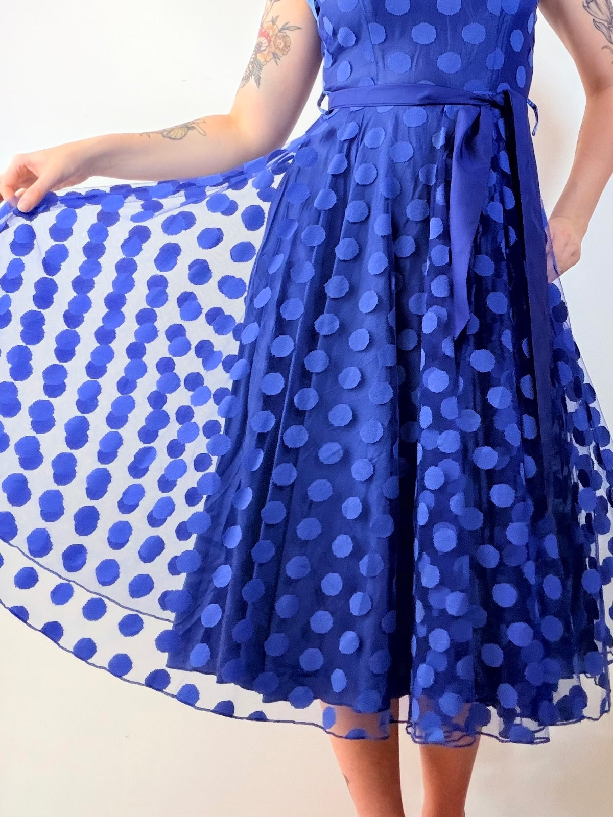 Vintage 1980s Party Dress 1950s Style Blue Polka Dot Rockabilly Size 6 to 8