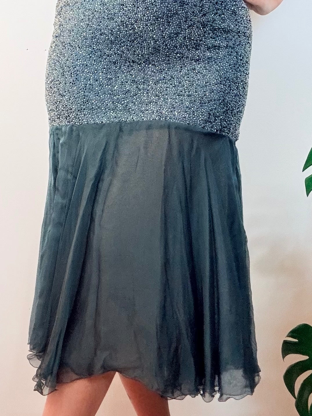 Vintage 1980s Cocktail Dress Beaded Embroidered and Sheer Flared Hem Size 14