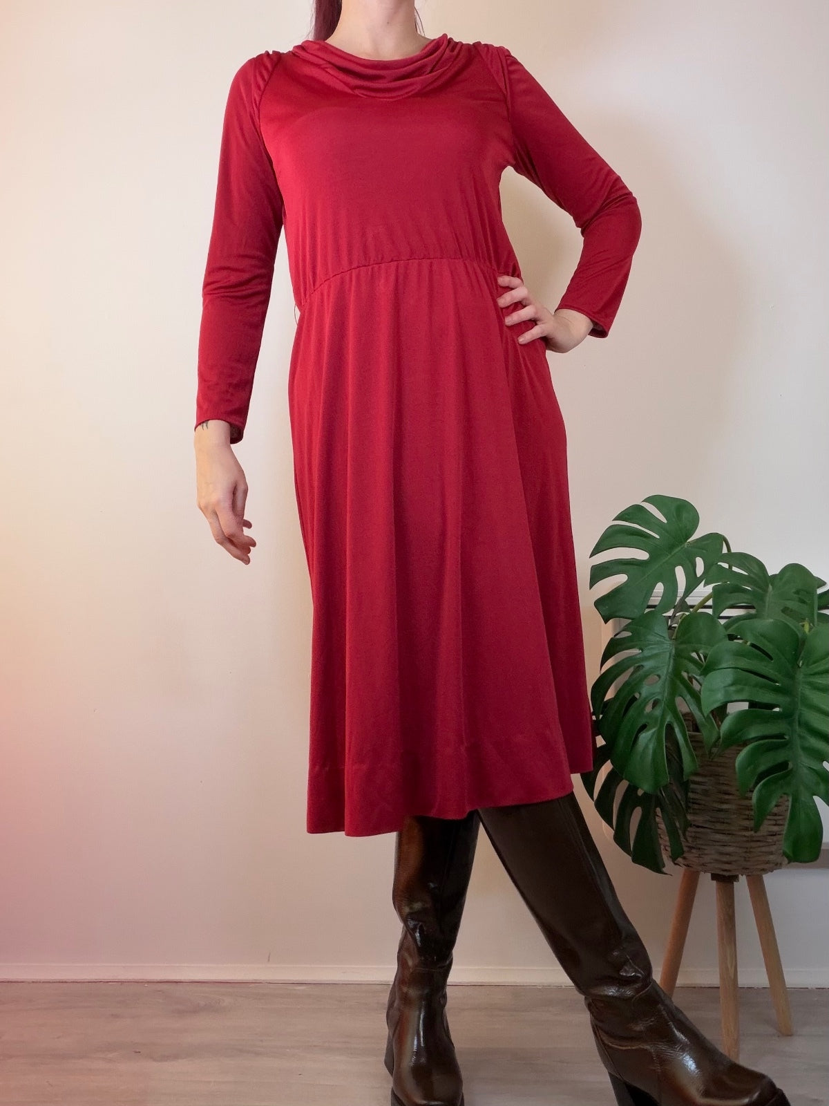 Vintage Red Midi Dress with Long Sleeves and Draped Neckline size 16