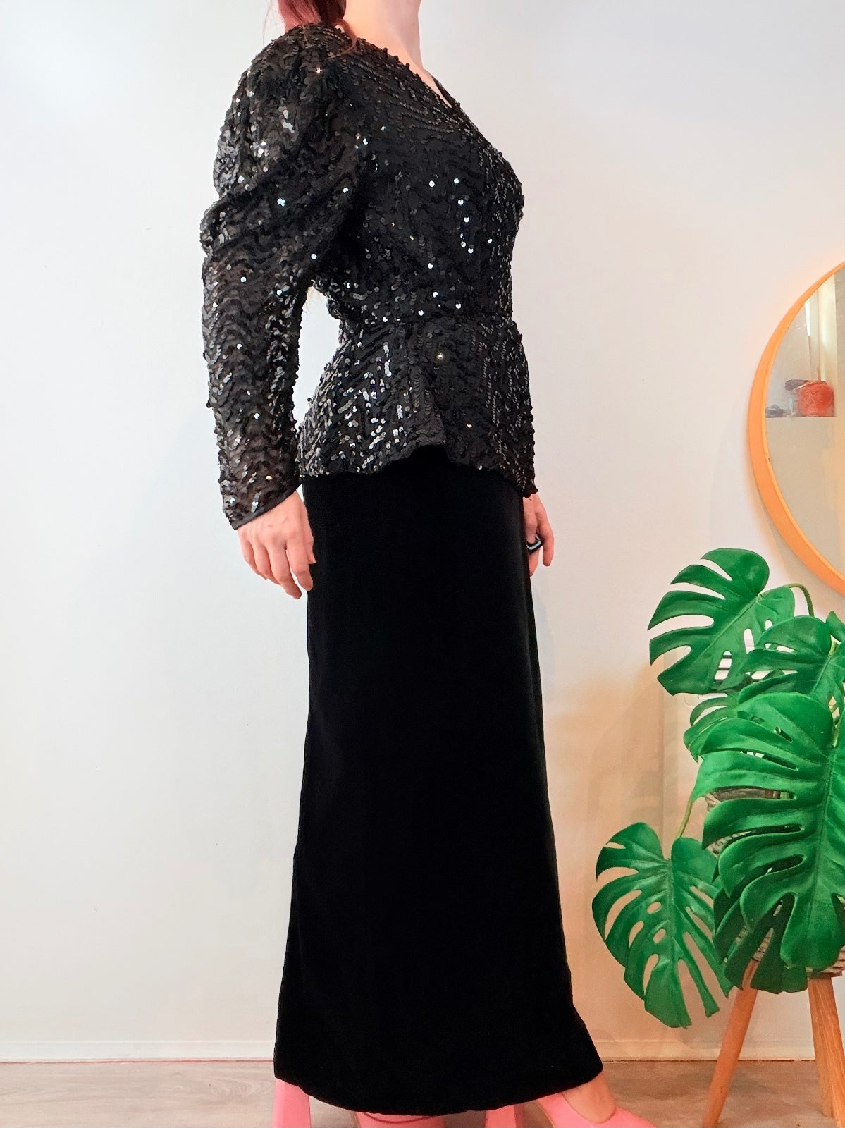 Vintage 1980s Black Dress Sequin Peplum Long Black Velvet By Vera Mont Size 14