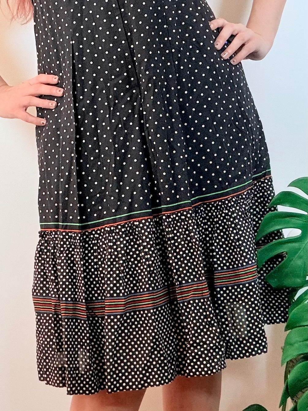 Vintage 1970s shirt Dress Black Polka Dot Midi Dress with Button Detail Size 10