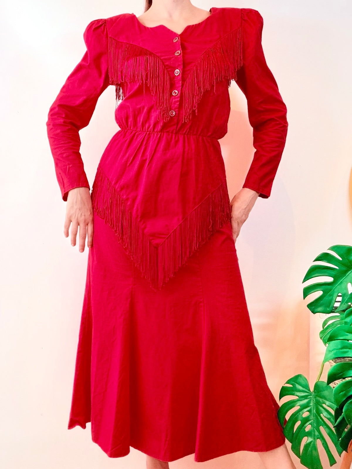 Vintage 1980s Tassel Dress Red Western Fringe Peplum Cotton long sleeve Size 12
