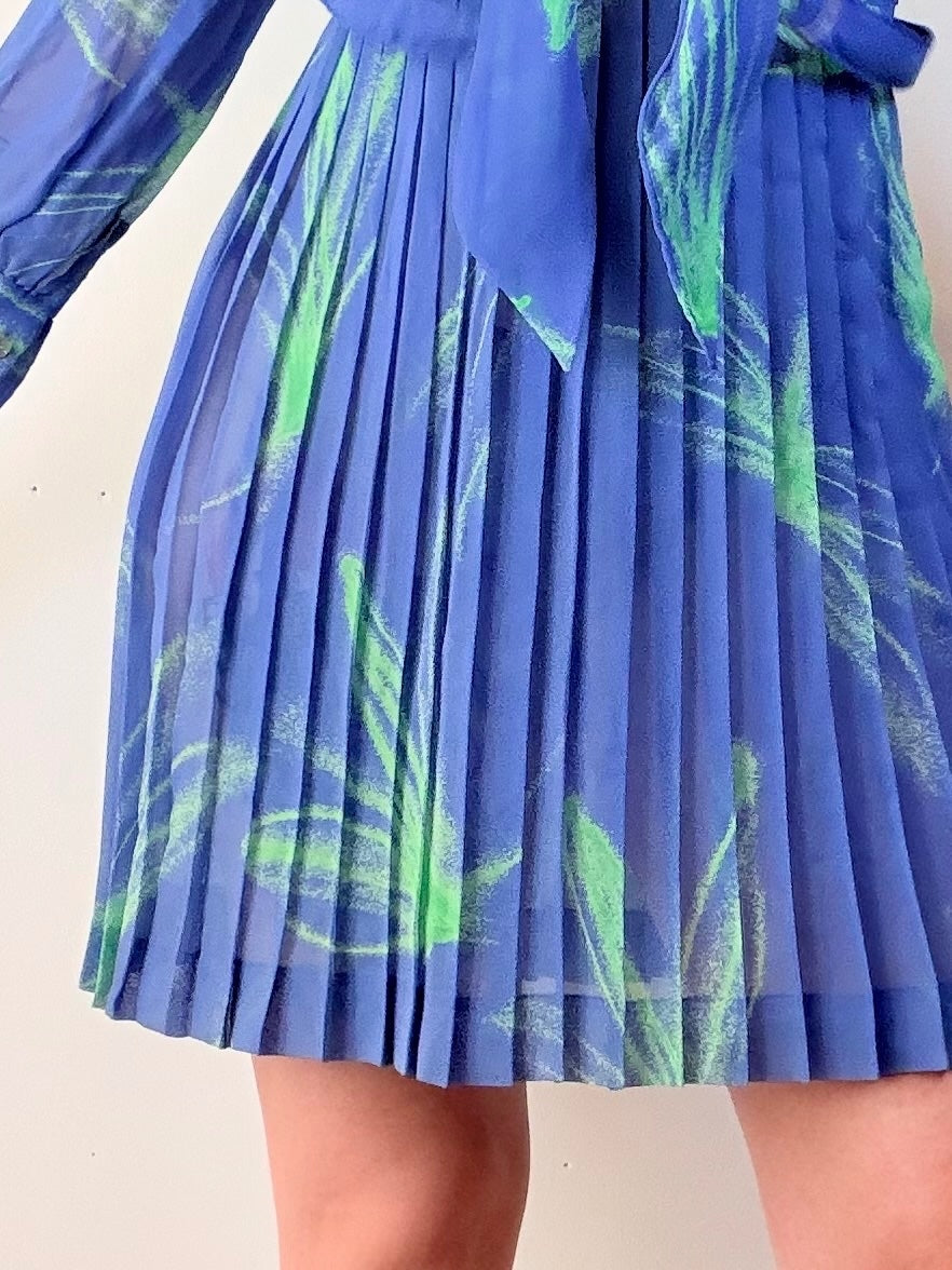 Vintage 1980s Shirt Dress Sheer Blue & Green Pleated Mini with Tie Neck Size 8