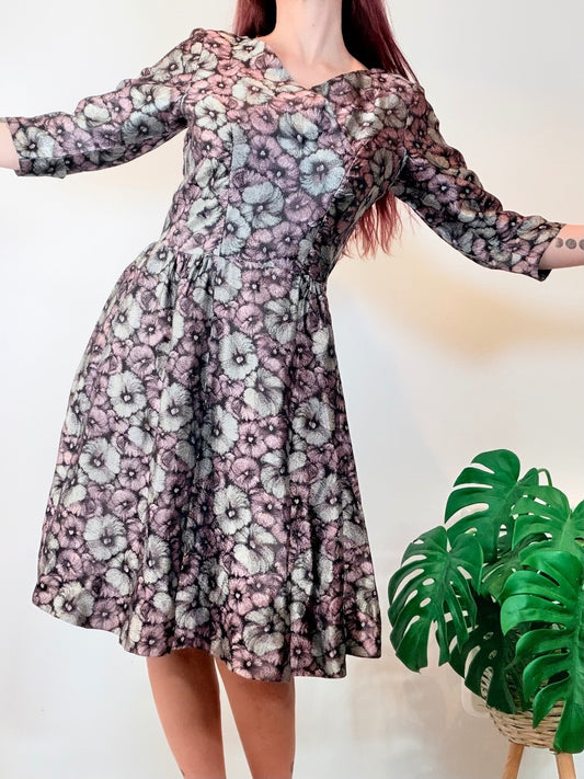 Vintage Floral Fit and Flare Midi Dress with 3/4 Sleeves Size 14