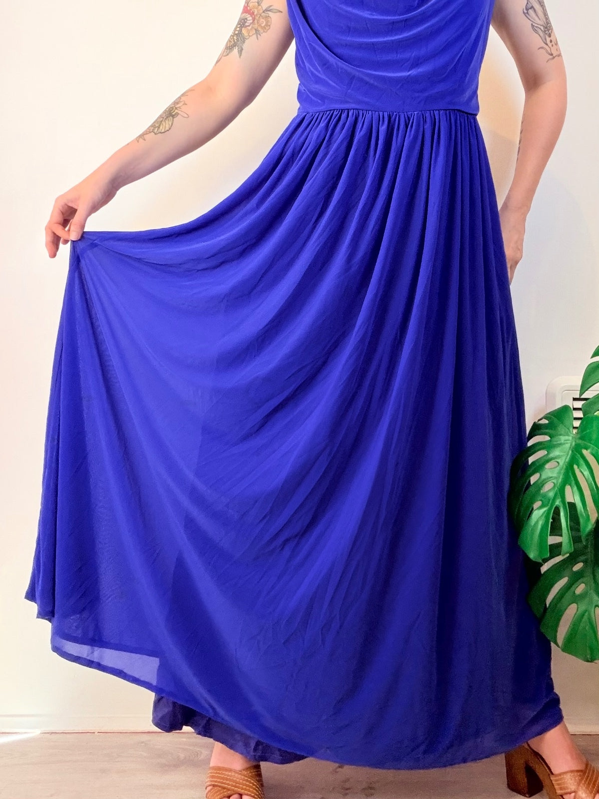 Vintage 1980s Cocktail Dress Long Maxi Dress with Draped Neckline Size 14
