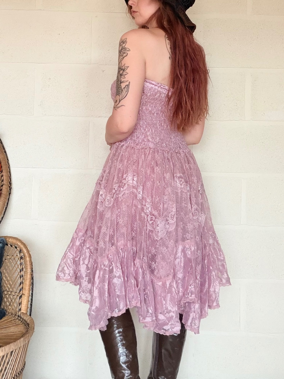 Boho lace summer dress Strapless Pink layered frilly fairycore dress size 8 10