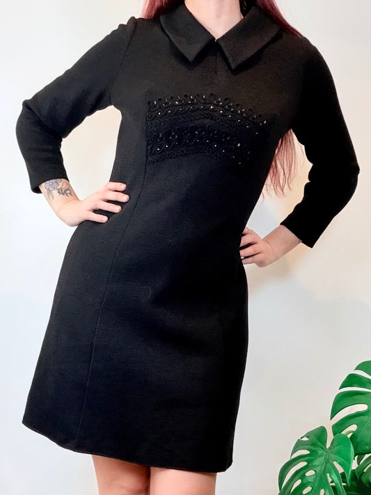 Vintage 1960s Mini Dress Wool with Beaded Detail and Peter Pan Collar Size 12 14