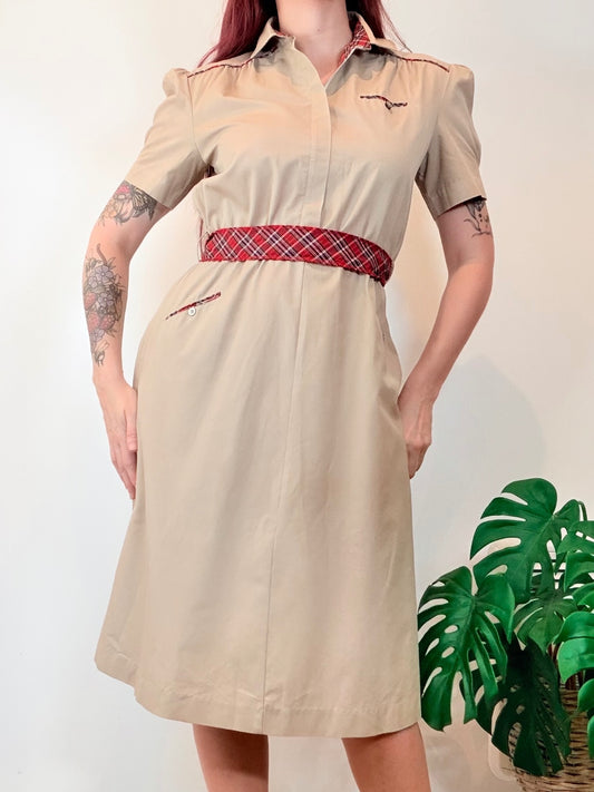 Vintage 1980s Shirt Dress Beige Military Dress with Red Plaid Detail Size 10 12