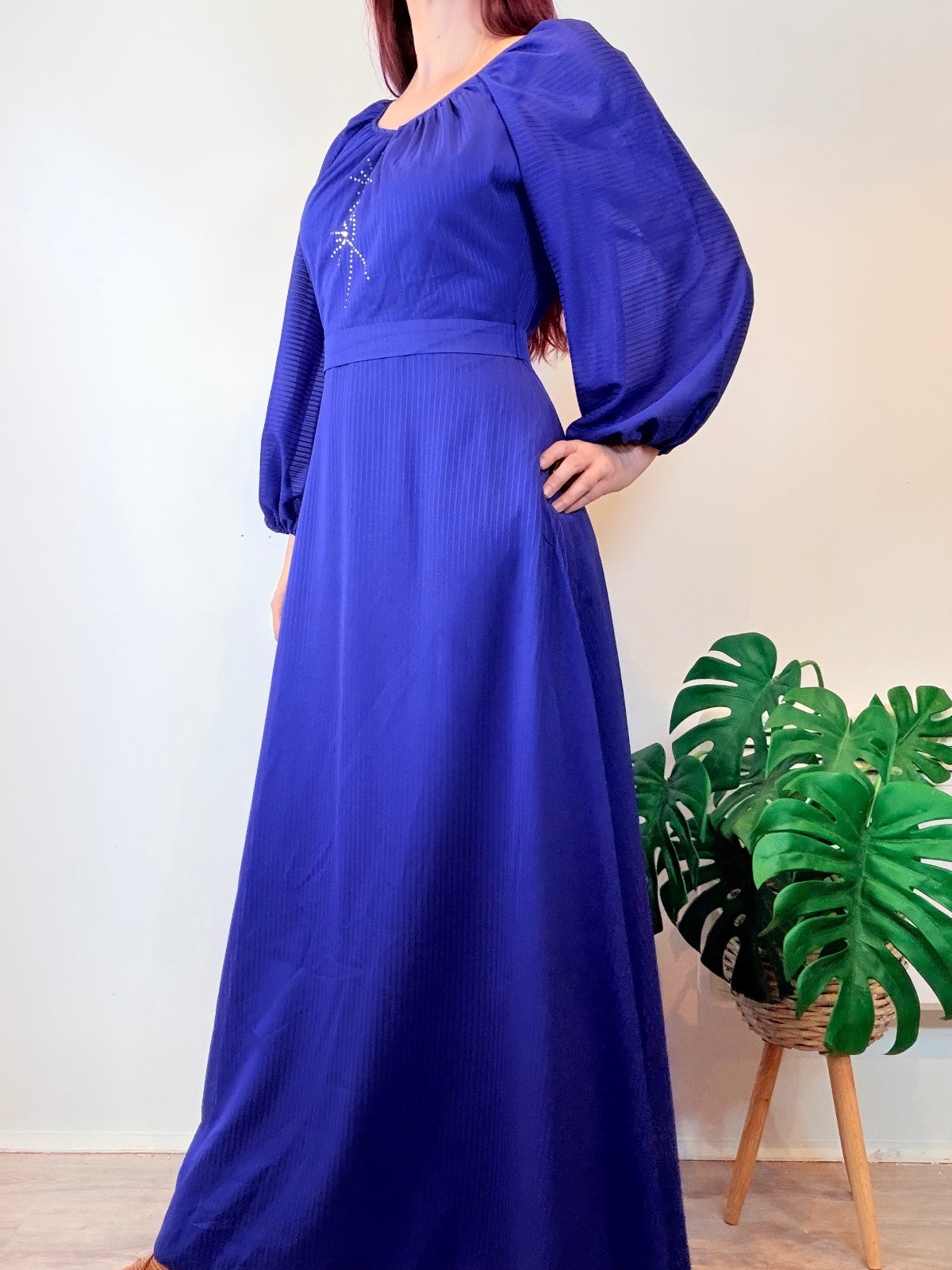 Vintage 1970s Maxi Dress Blue with Balloon Sleeves and Embellishment Size 12