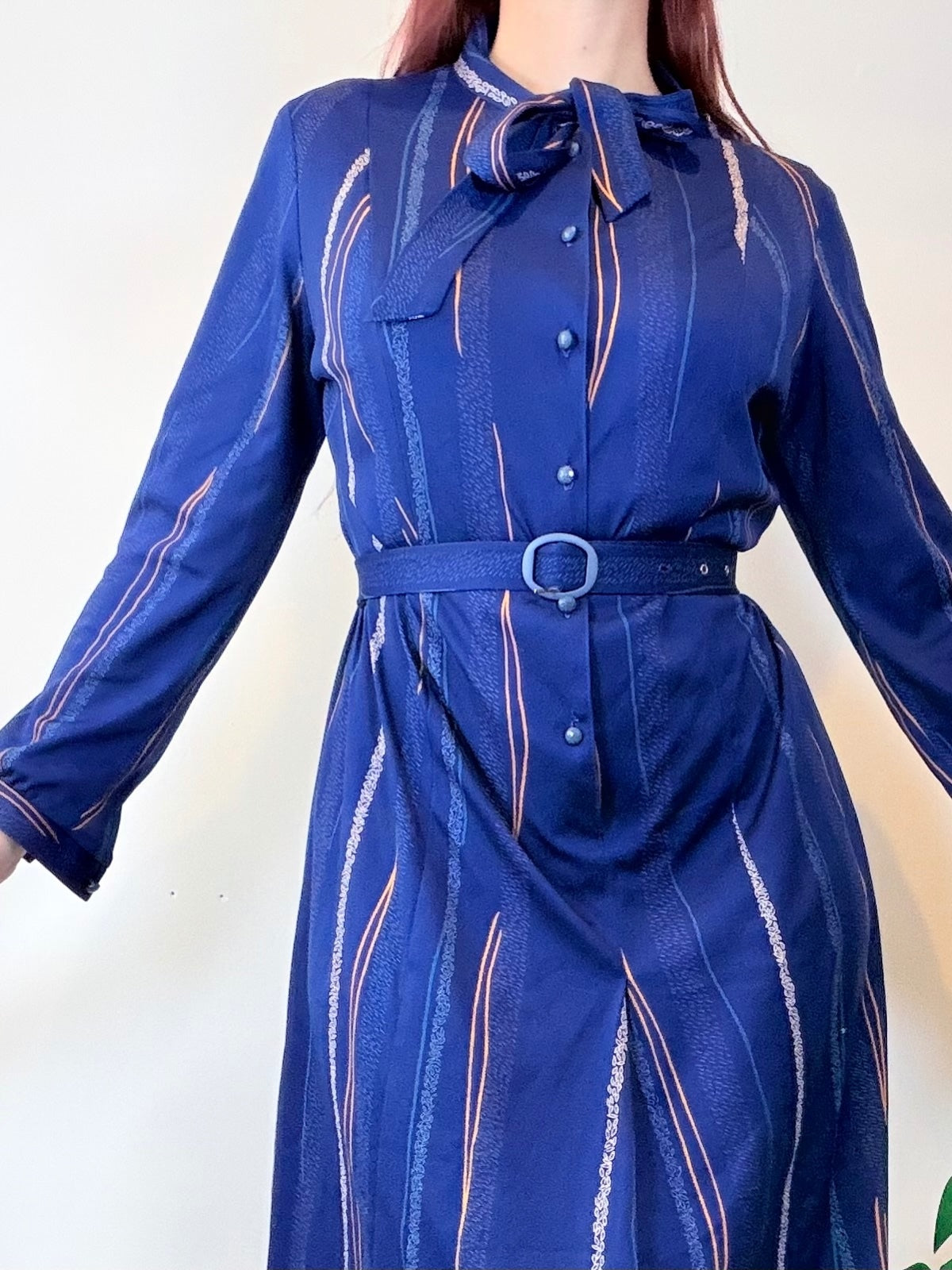 Vintage 1980s Shirt Dress Blue Belted Midi Dress with Bow Tie Collar Size 16
