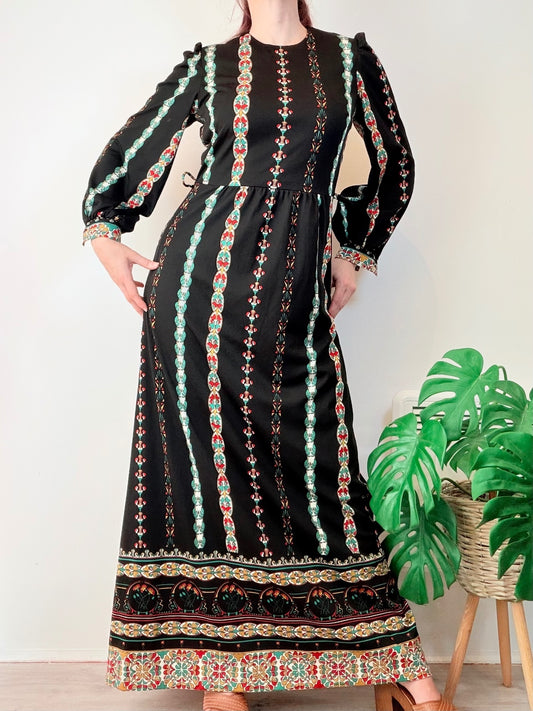 Vintage 1970s Maxi Dress Long Hippie With Stripes and Balloon Sleeves Size 12