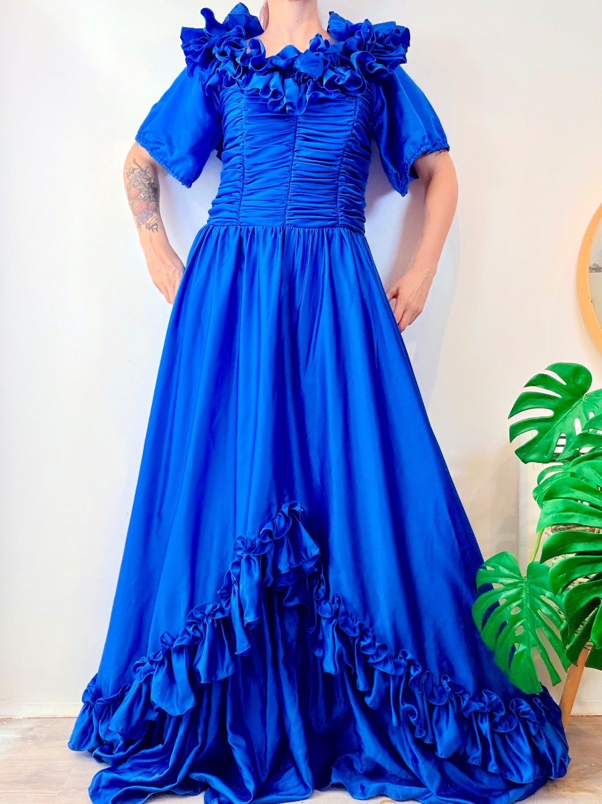 Vintage 1980s Ball Gown Evening Ruffled Maxi Dress with Puff Sleeves Size 12