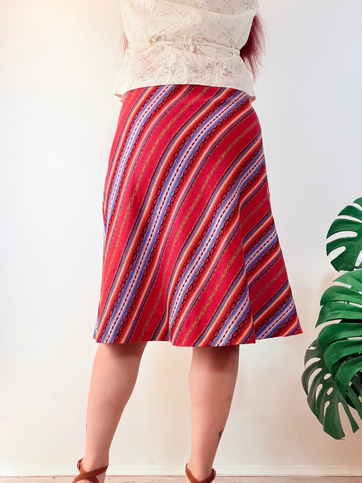 Vintage 1970s Office Skirt Red Striped Midi Skirt with Belt Size 10