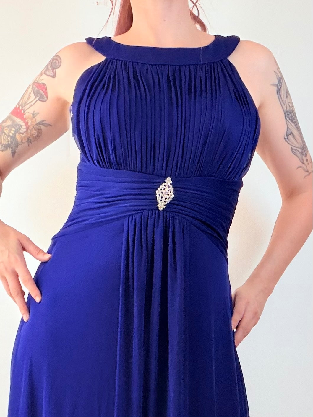 Vintage Y2K Blue Evening Gown with Pleated Bodice and Rhinestone Detail Size 12