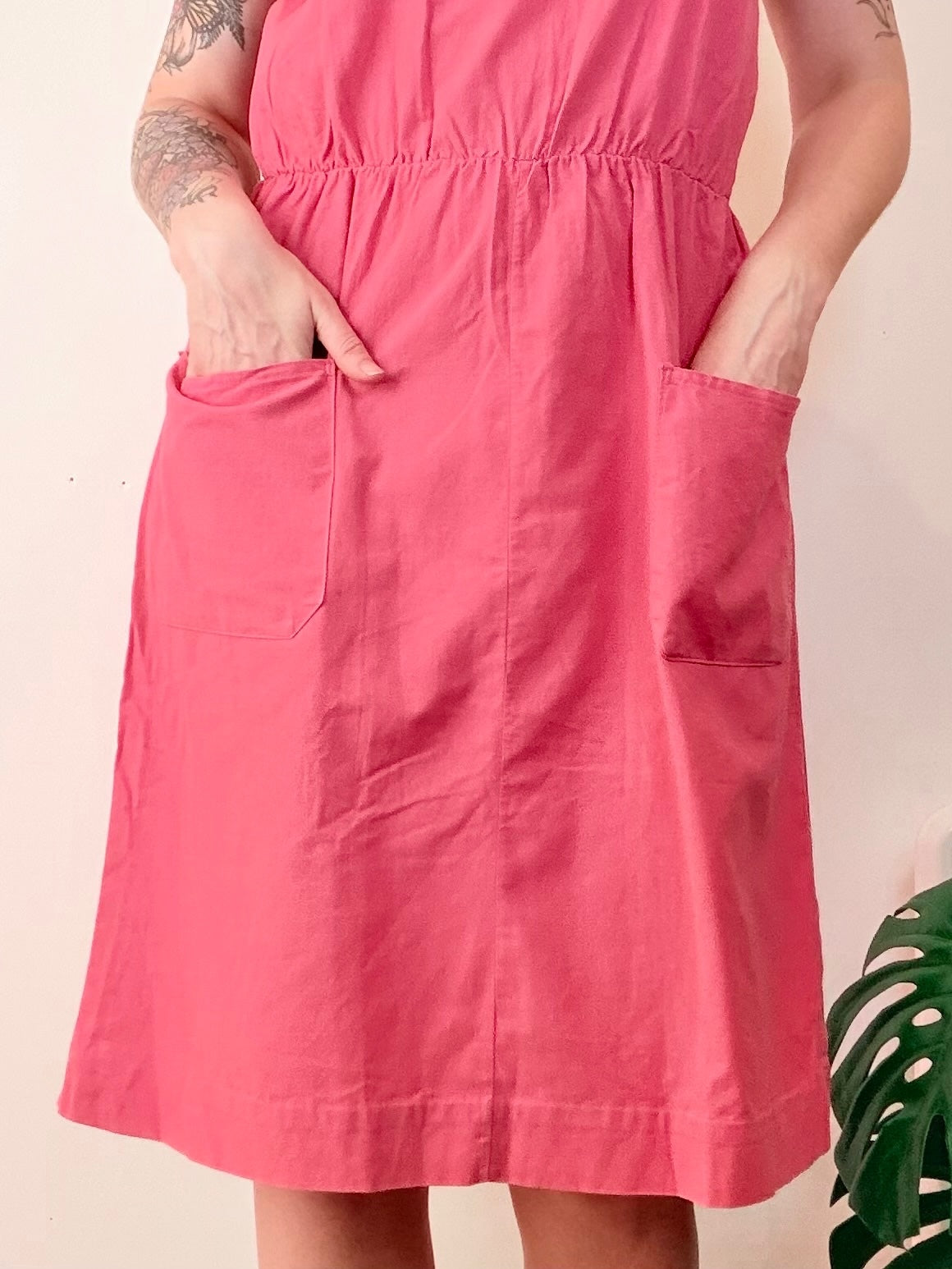 Vintage 1980s Summer Dress Pink Cotton Midi with Pockets Elastic Waist Size 18