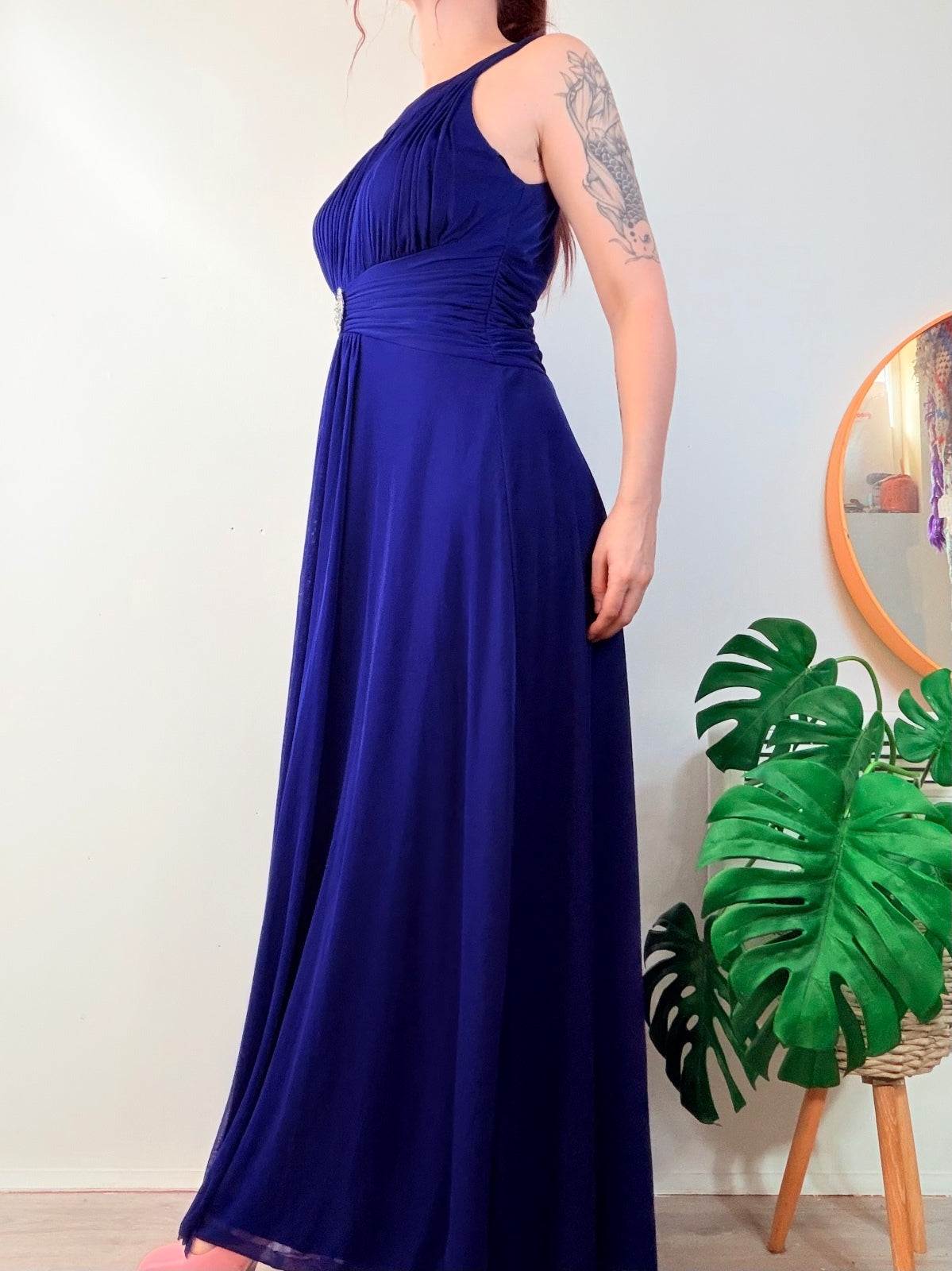 Vintage Y2K Blue Evening Gown with Pleated Bodice and Rhinestone Detail Size 12
