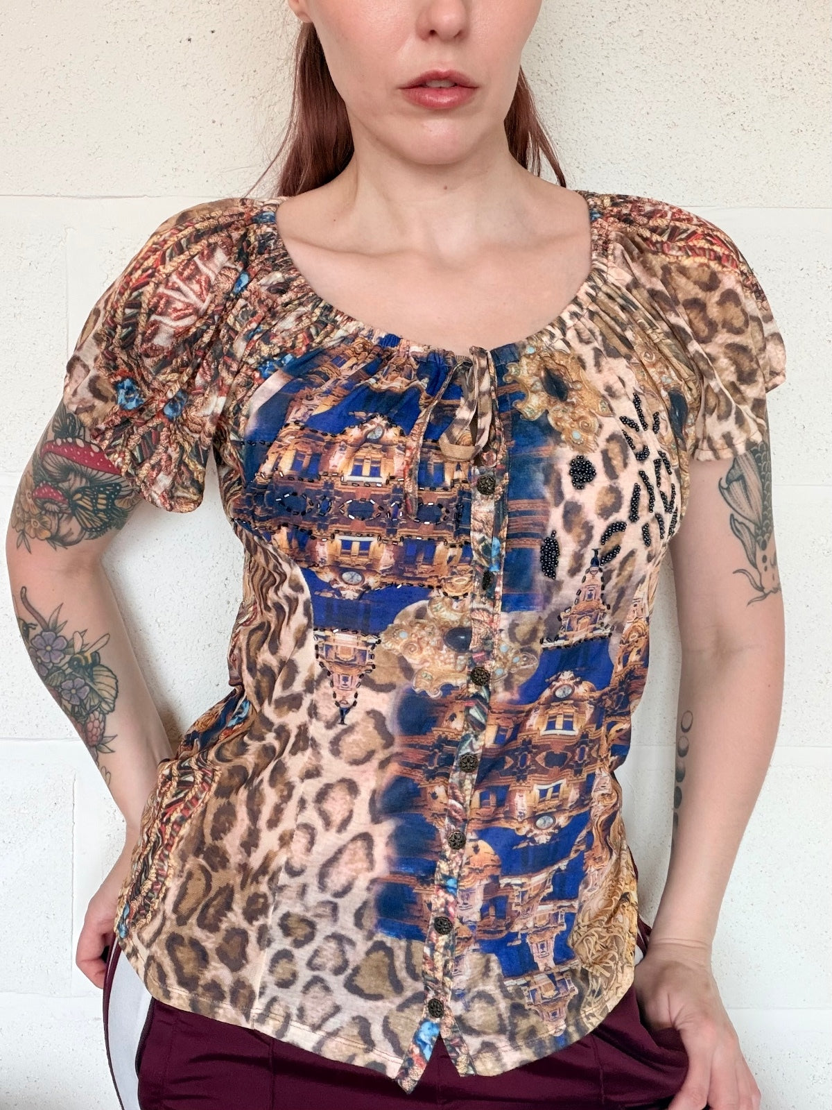 Vintage Y2k beaded top Alberto Makali Short Sleeve animal print button tshirt L