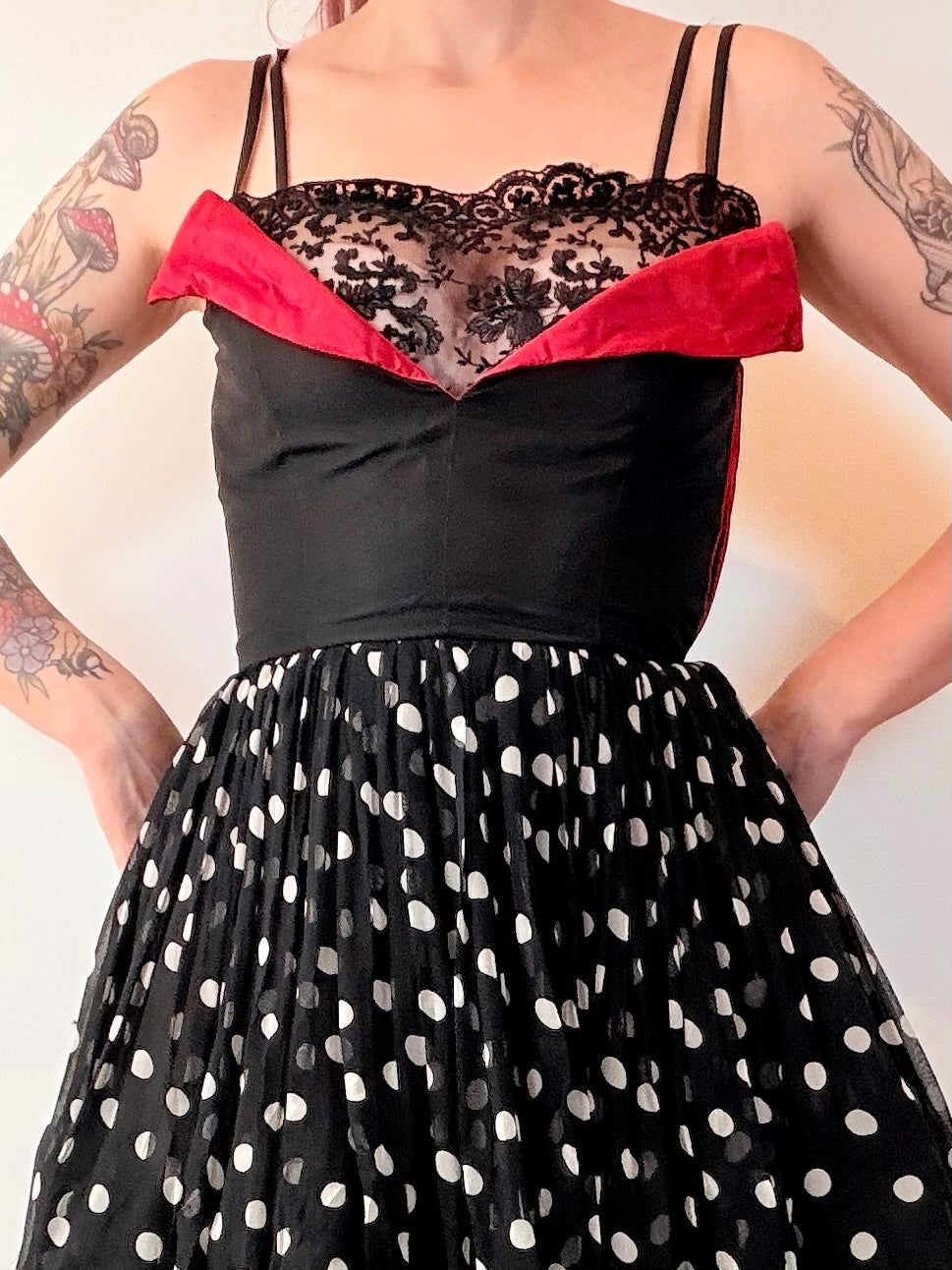 Vintage 1980s Party Dress Black Polka Dot 1950s Style Rockabilly Lace Size 8