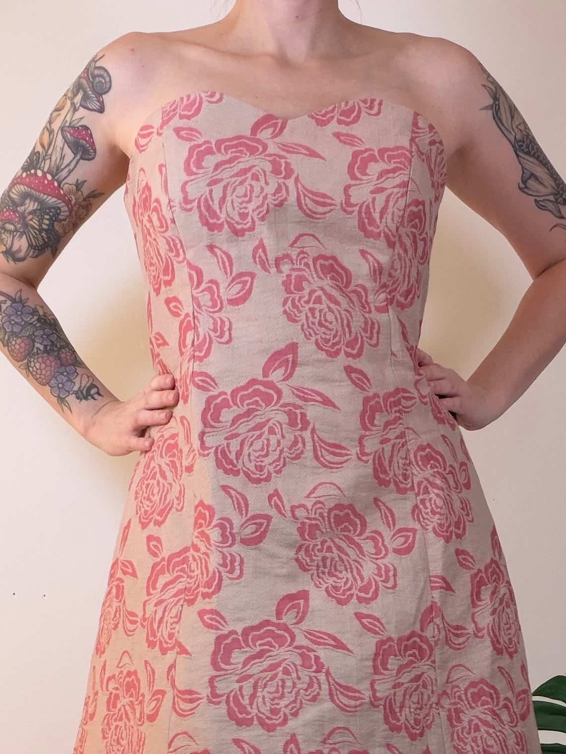 Strapless Floral Midi Dress with Pink Roses on Beige By Roman Size 14