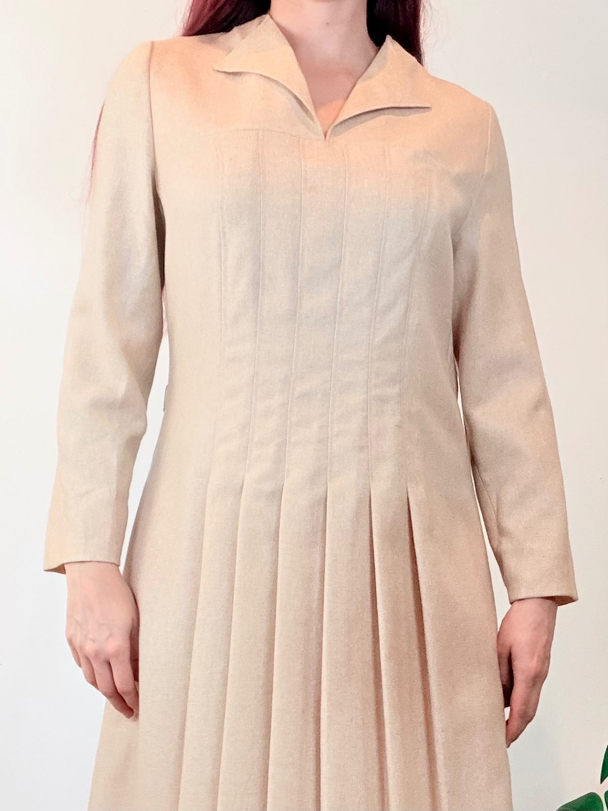 Vintage 1970s Shirt Dress Beige Pleated Midi Long Sleeves and Collar Size 16