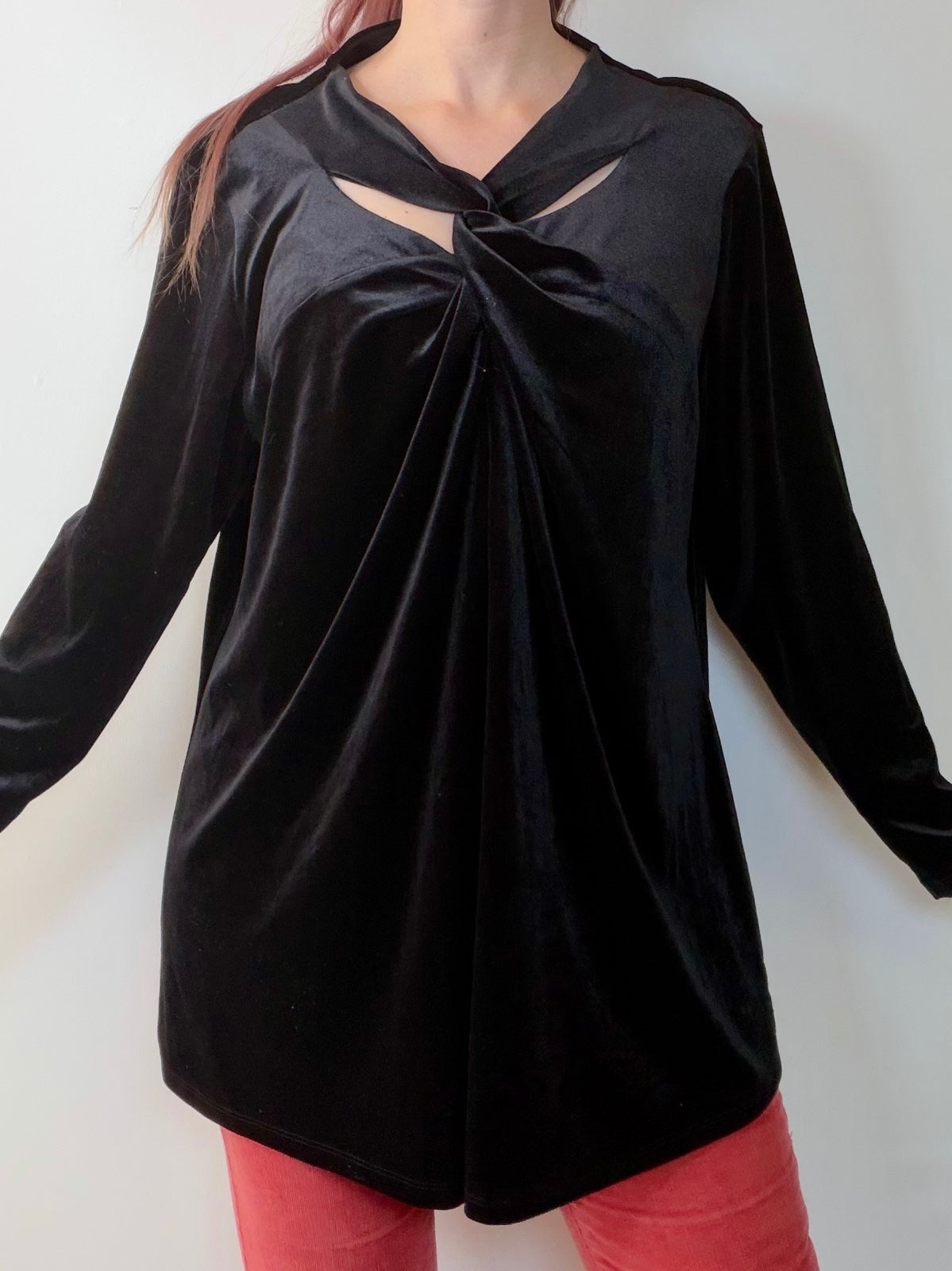 Black Velvet Long Sleeve Top with Twist and Cutout Detail By Anthology Size UK24