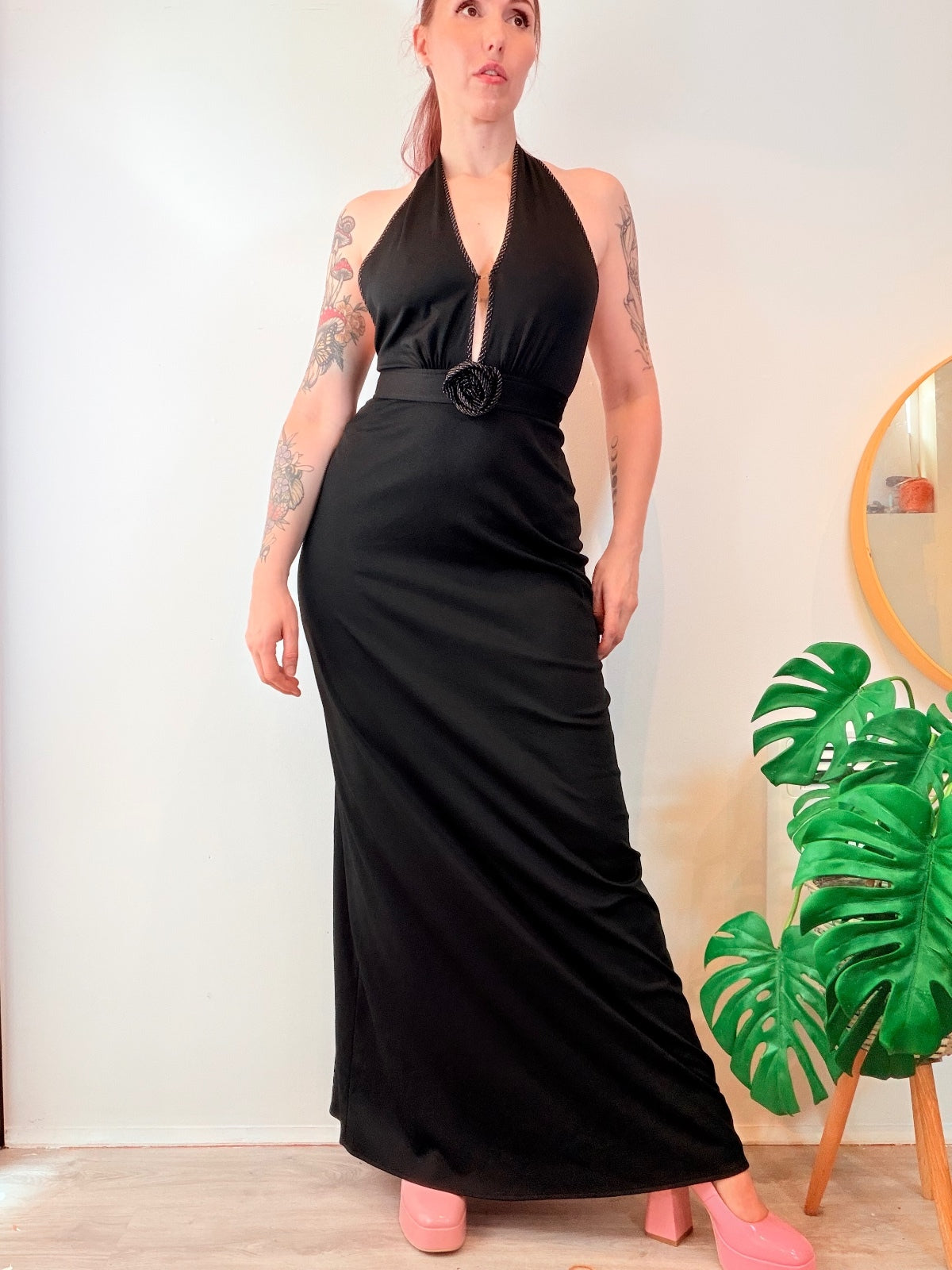 Vintage 1970s Cocktail dress Black Halter Neck Maxi with Rose Detail Size 6