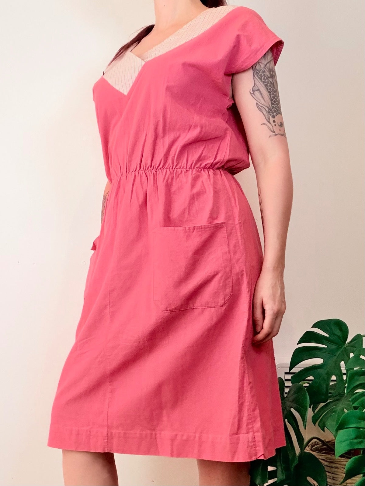 Vintage 1980s Summer Dress Pink Cotton Midi with Pockets Elastic Waist Size 18