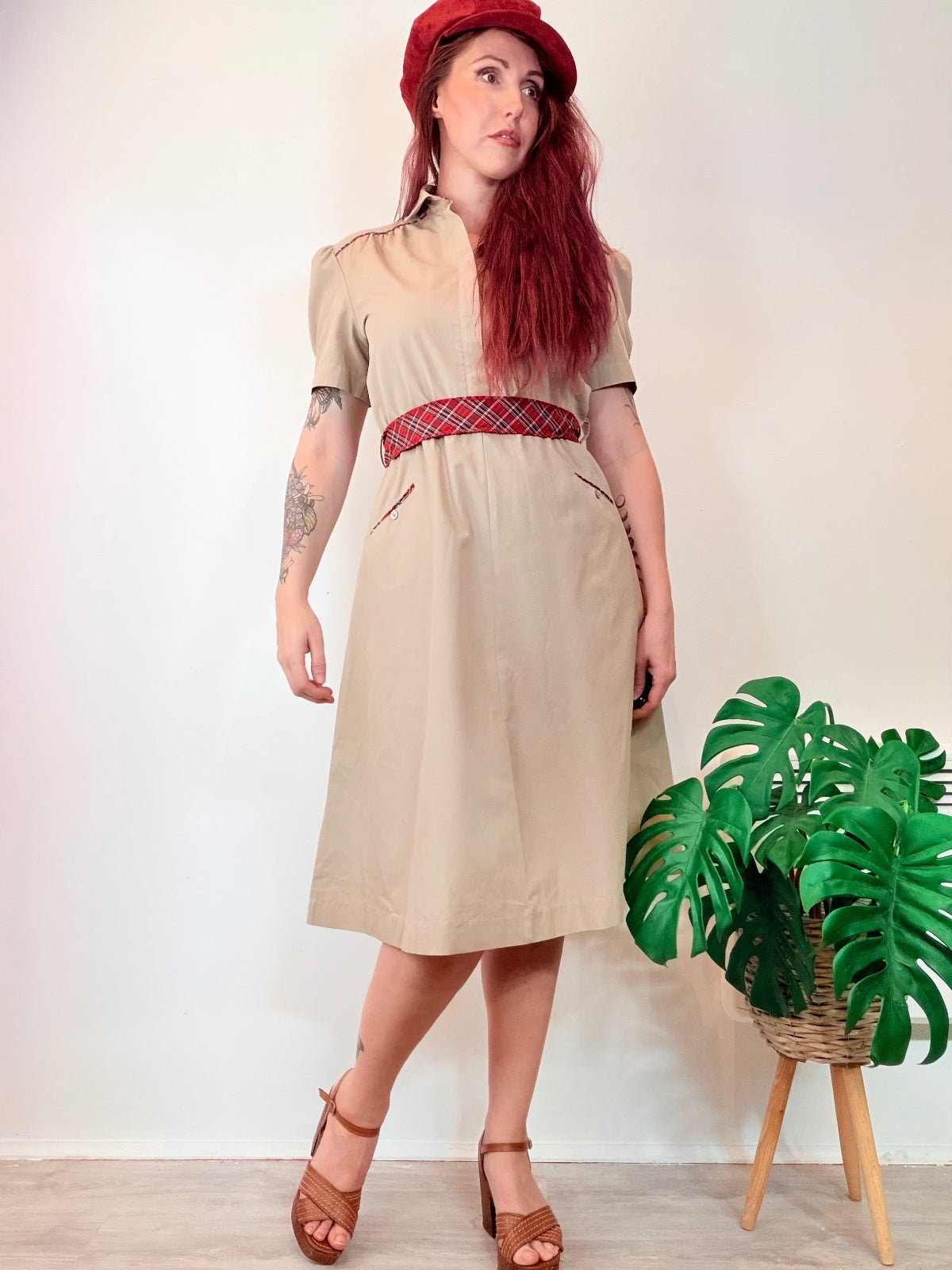 Vintage 1980s Shirt Dress Beige Military Dress with Red Plaid Detail Size 10 12