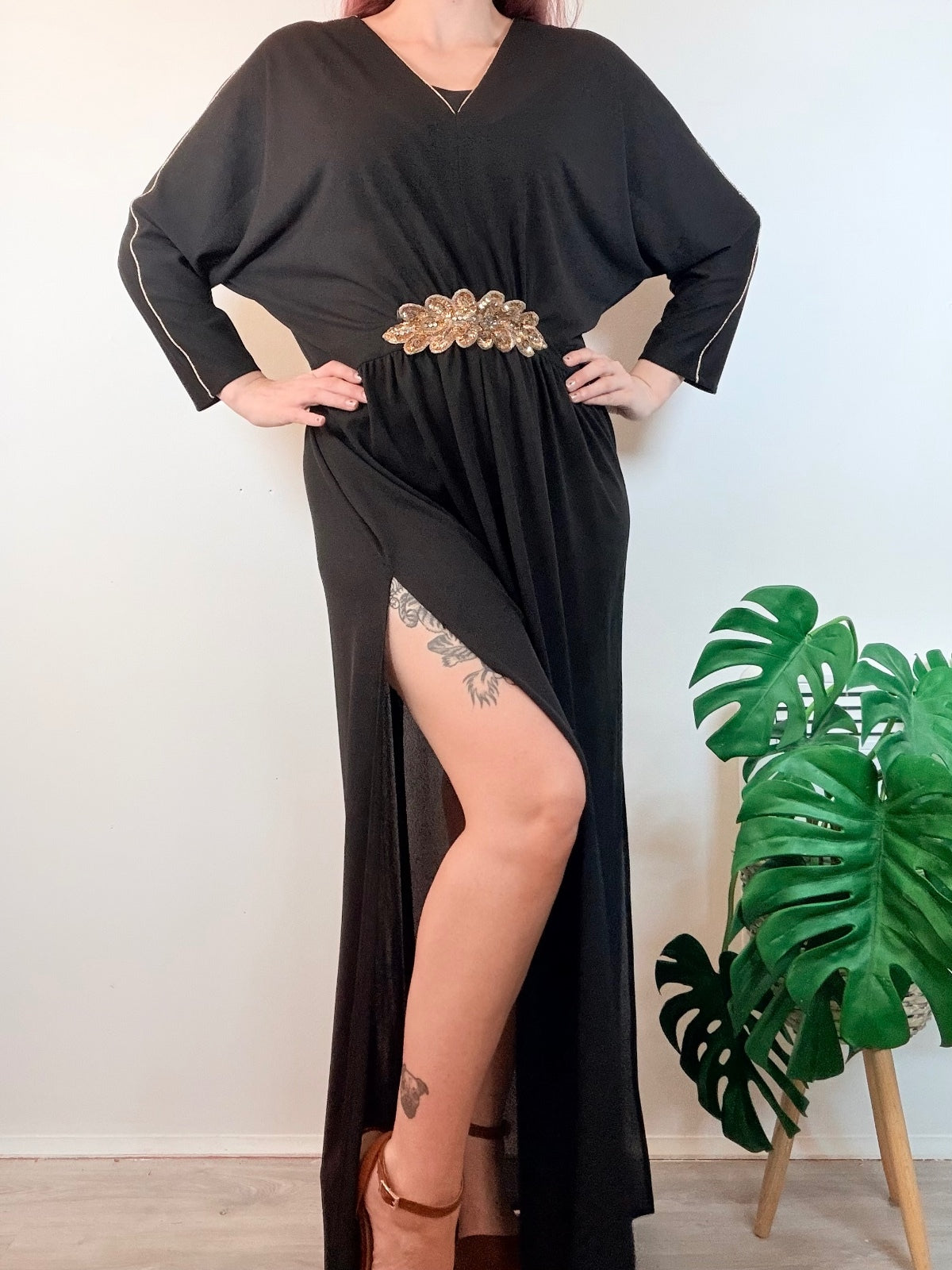 Vintage 1980s Maxi Dress with Gold Sequin Waist Detail and Side Slit Size 18 20