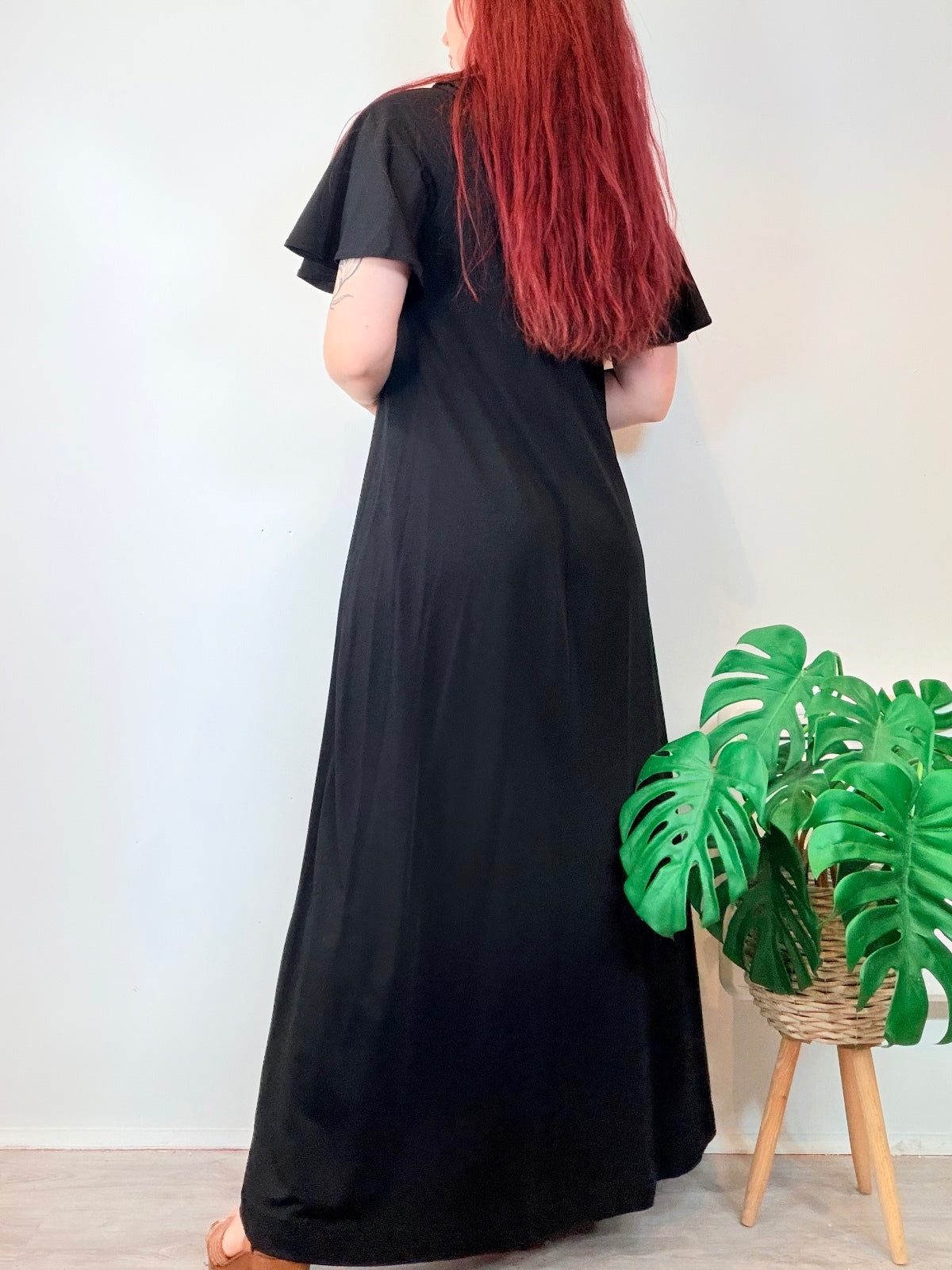 Vintage 1970s Black Maxi Dress with Ruffled V Neck and Flutter Sleeves Size 14