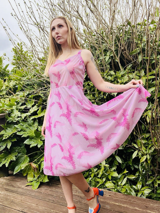 Vintage 1970s Summer Dress Sheer Bustier Sleeveless Pink Midi Dress Size 14