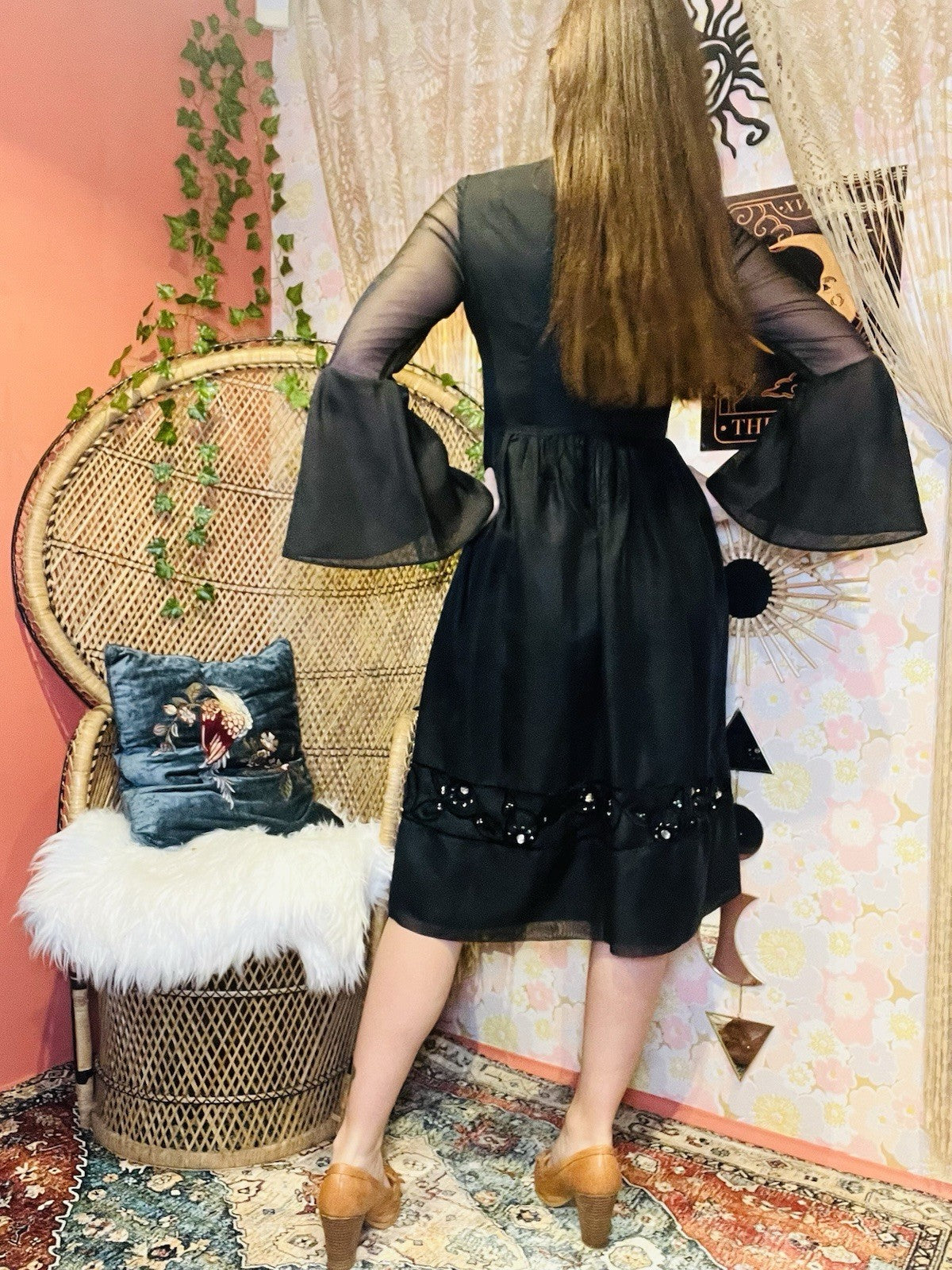 Vintage 90s Party Dress Black S 8 By Vera Mont Whimsigoth  Star Flared Sleeves