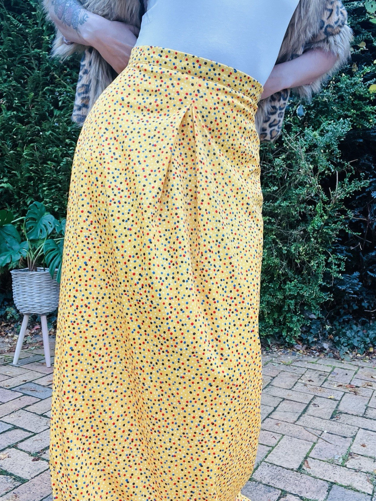 Vintage 60s Maxi Size 10 Yellow Long Polkadot Retro 1960s Skirt High Waist